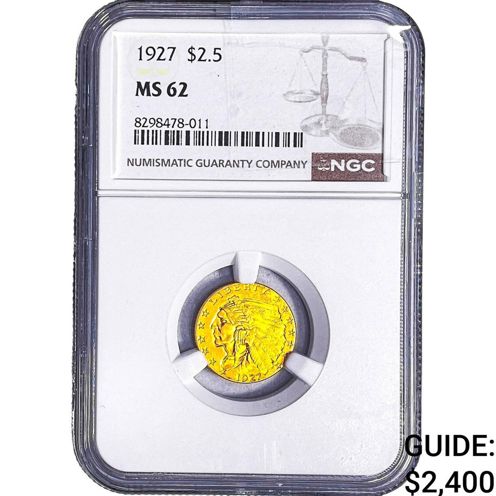 1927 $2.50 Gold Quarter Eagle NGC MS62: 1927 $2.50 Gold Quarter Eagle NGC MS62