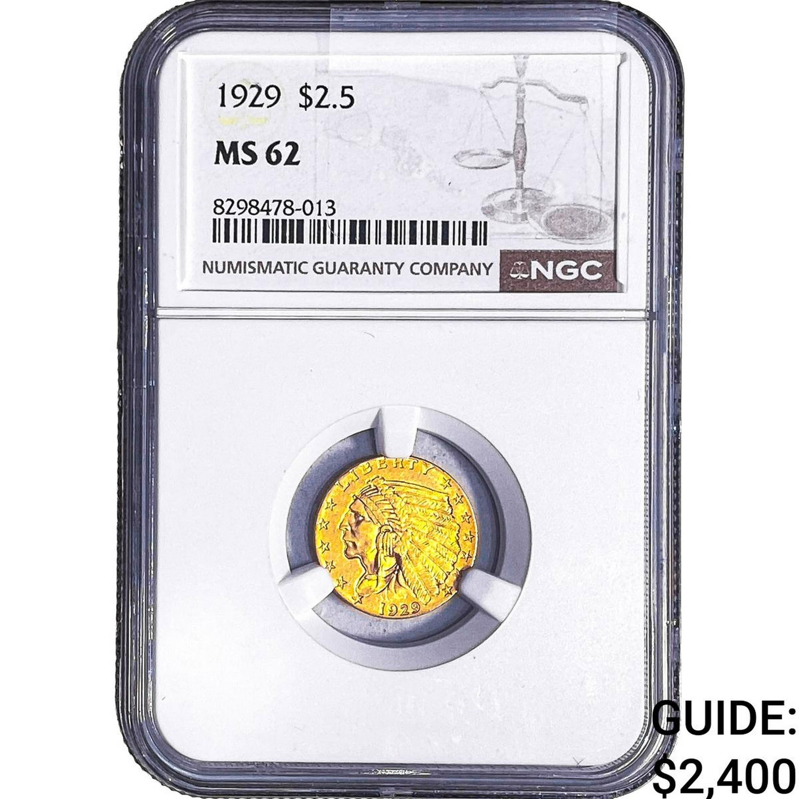 1929 $2.50 Gold Quarter Eagle NGC MS62: 1929 $2.50 Gold Quarter Eagle NGC MS62