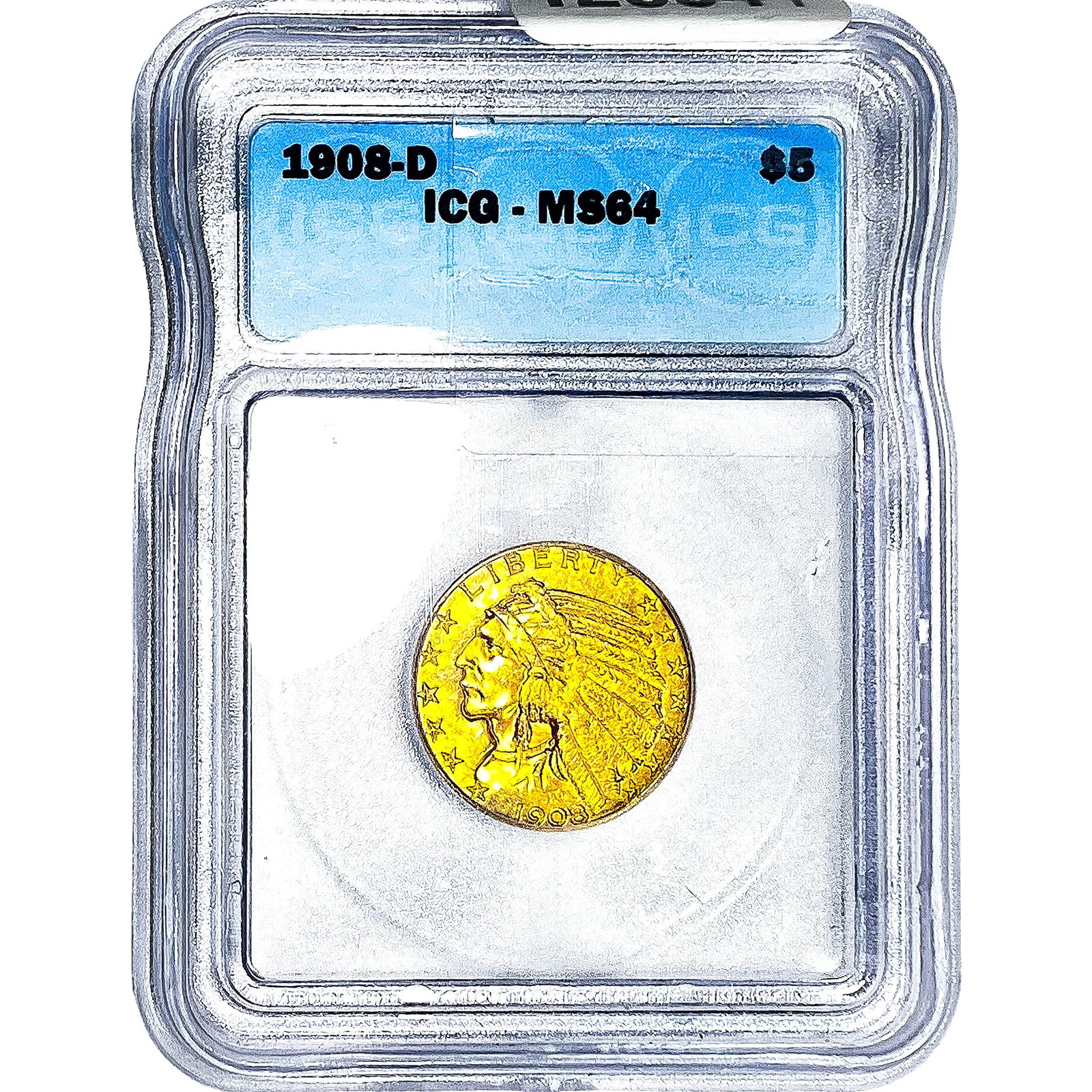 1908-D $5 Gold Half Eagle ICG MS64: 1908-D $5 Gold Half Eagle ICG MS64