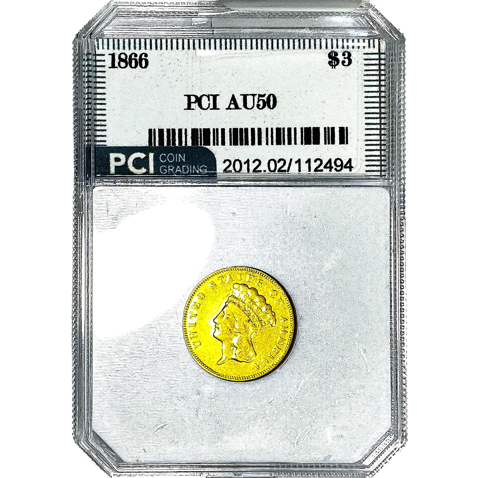 1866 $3 Gold Piece PCI AU50: 1866 $3 Gold Piece PCI AU50