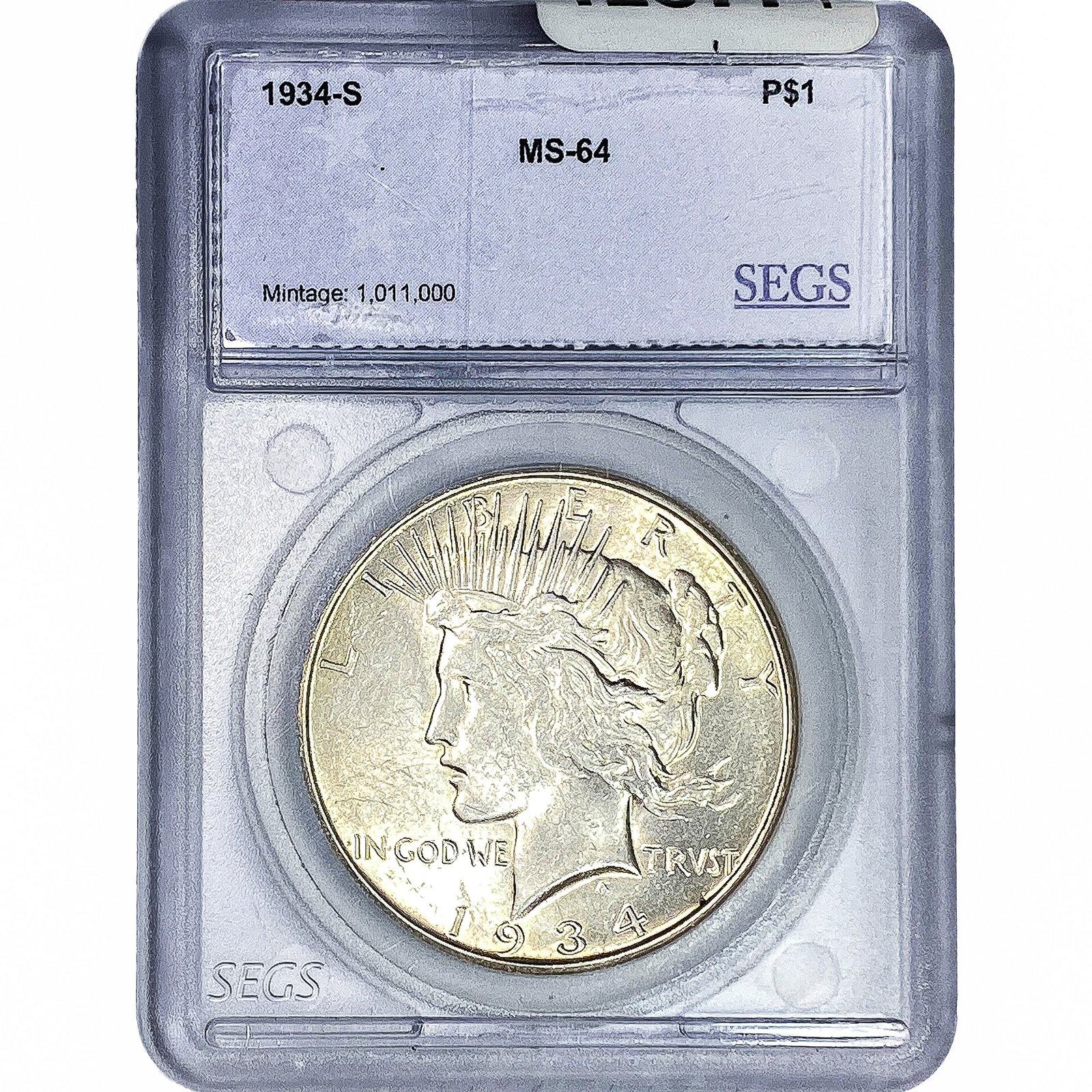1934-S Silver Peace Dollar SEGS MS64: 1934-S Silver Peace Dollar SEGS MS64