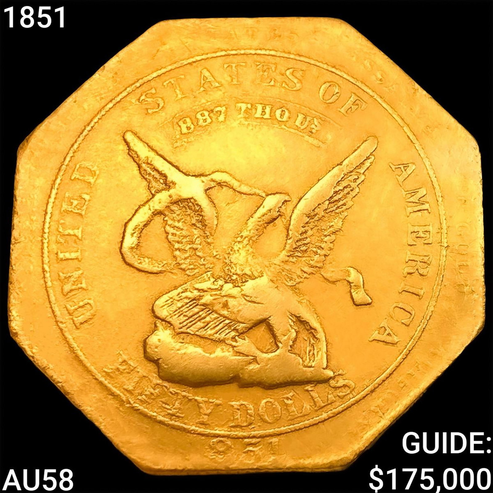 1851 A. Humbert $50 Gold "887" Reeded CHOICE AU: 1851 A. Humbert $50 Gold "887" Reeded CHOICE AU