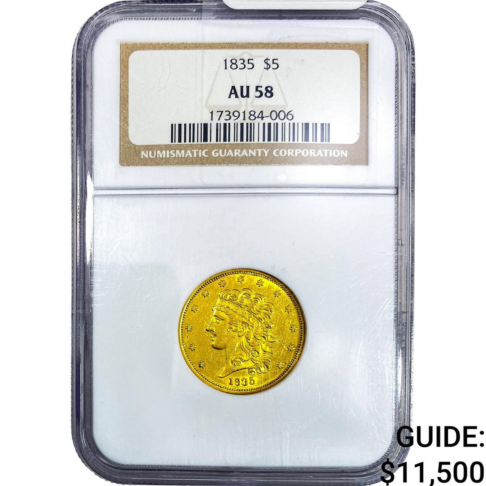 1835 $5 Gold Half Eagle NGC AU58: 1835 $5 Gold Half Eagle NGC AU58