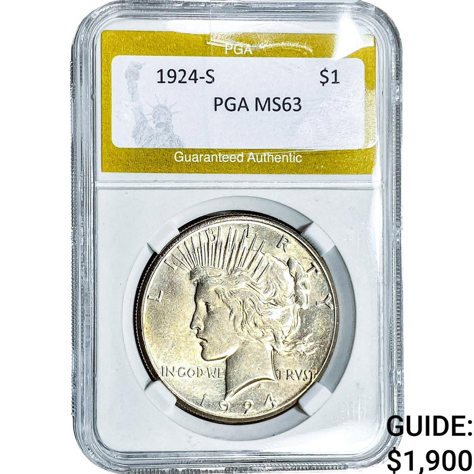 1924-S Silver Peace Dollar PGA MS63: 1924-S Silver Peace Dollar PGA MS63