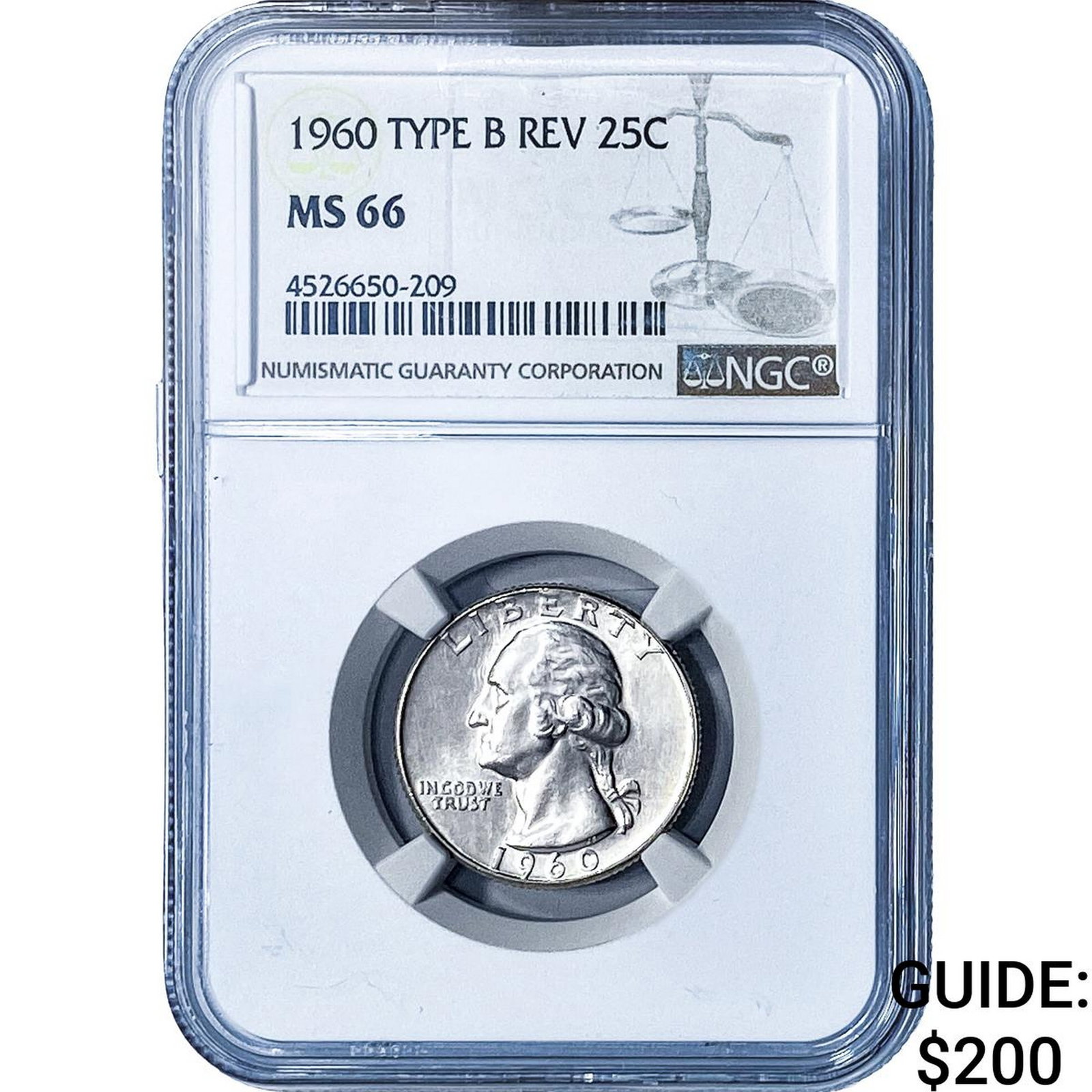 1960 Washington Silver Quarter NGC MS66 Type B Rev.: 1960 Washington Silver Quarter NGC MS66 Type B Rev.