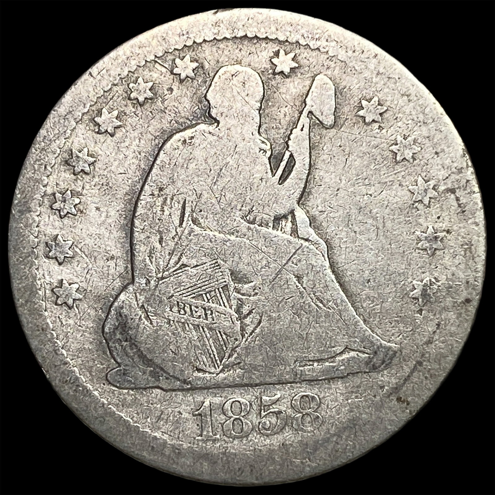 1858-S Silver Seated Liberty Quarter NICELY CIRCULATED: 1858-S Silver Seated Liberty Quarter NICELY CIRCULATED