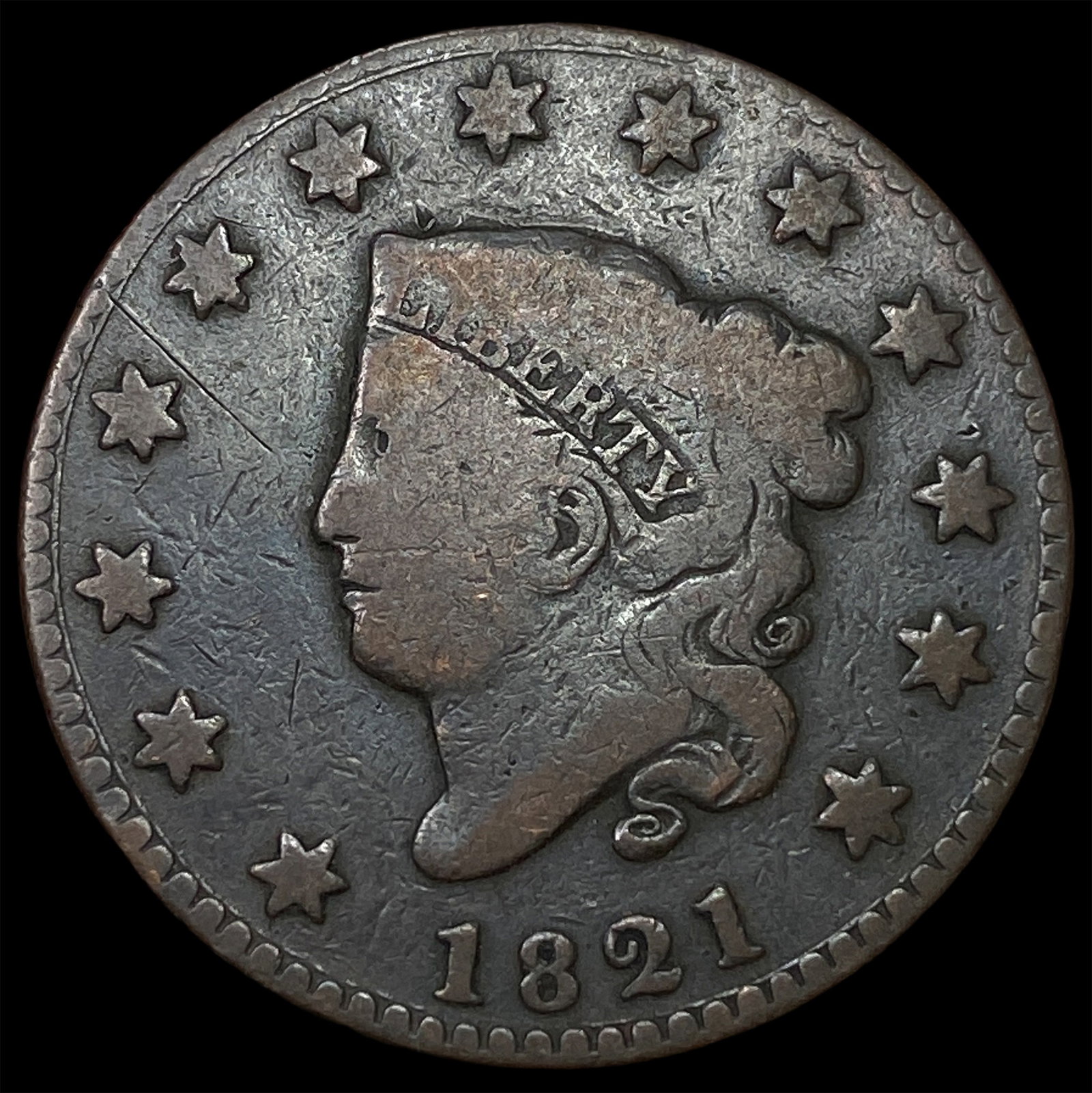 1821 Coronet Head Large Cent NICELY CIRCULATED: 1821 Coronet Head Large Cent NICELY CIRCULATED