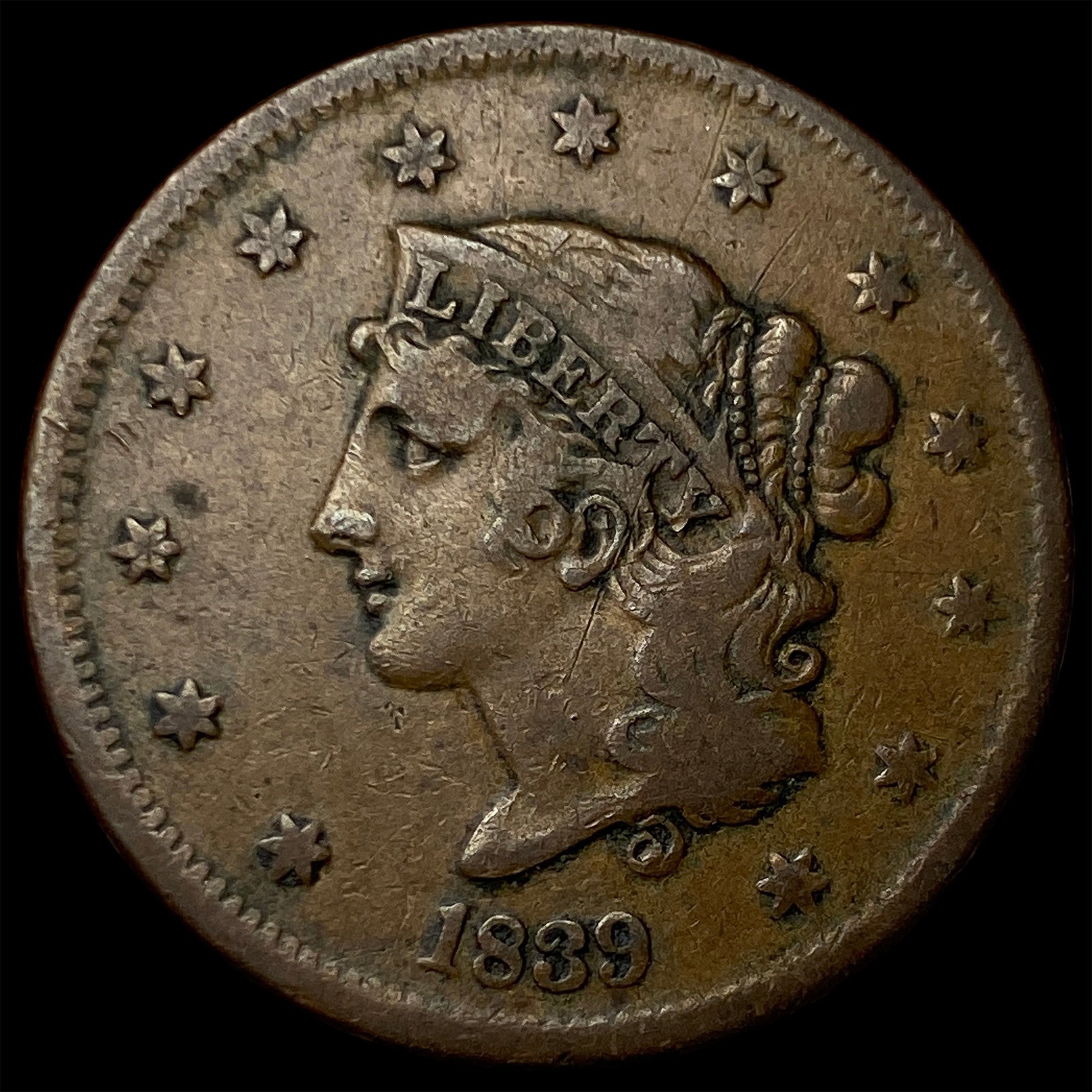 1839 Coronet Head Large Cent LIGHTLY CIRCULATED: 1839 Coronet Head Large Cent LIGHTLY CIRCULATED