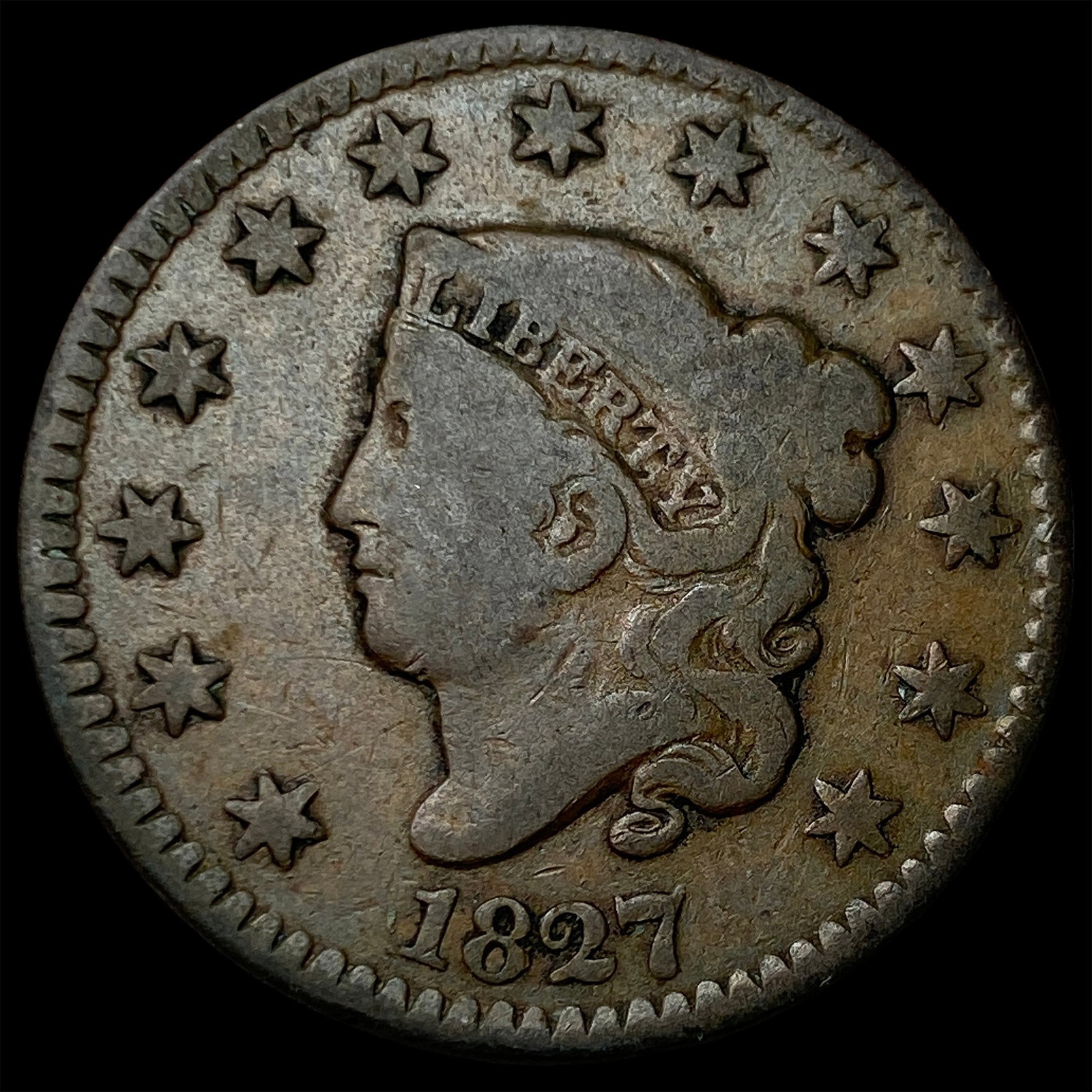 1827 Coronet Head Large Cent NICELY CIRCULATED: 1827 Coronet Head Large Cent NICELY CIRCULATED