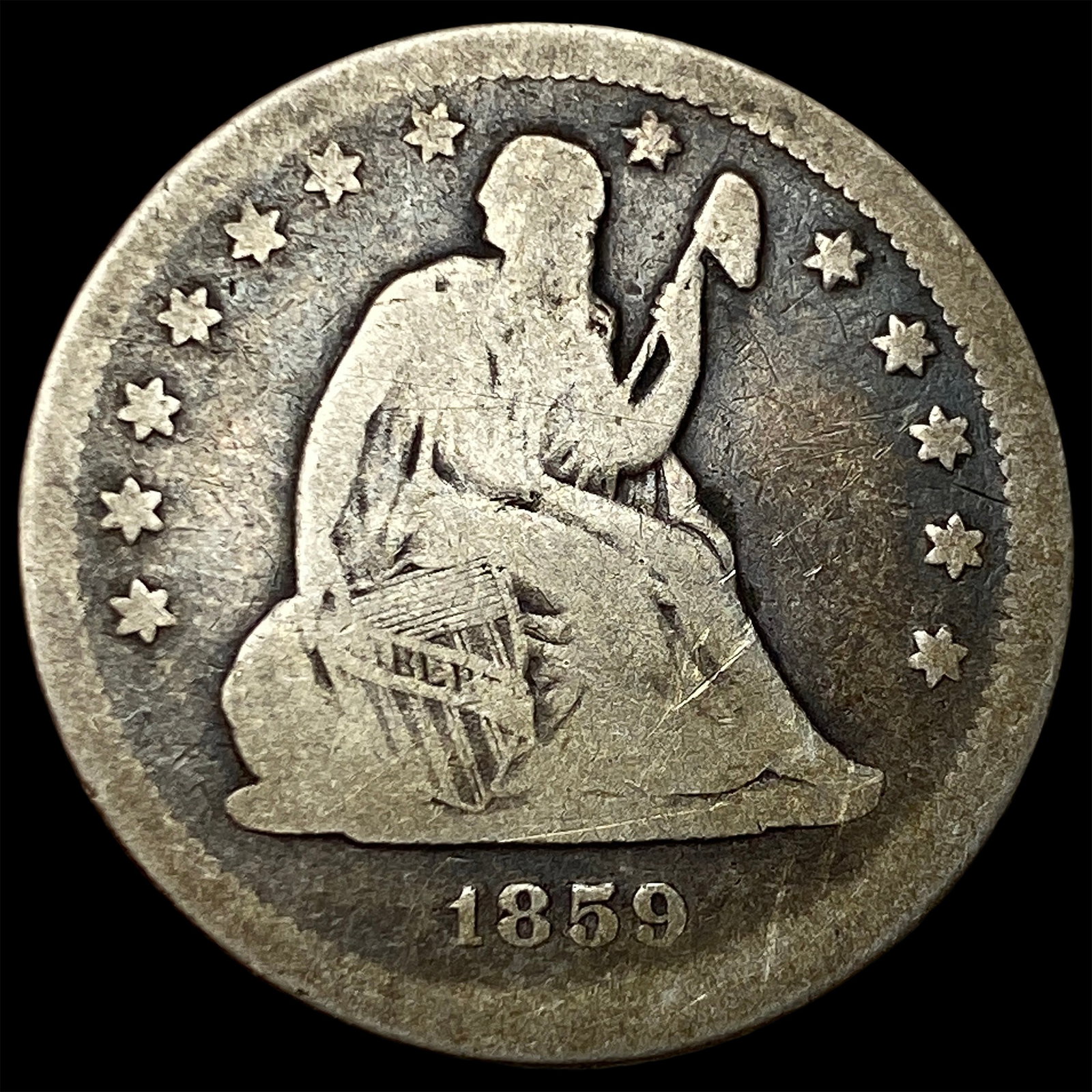 1859 Silver Seated Liberty Quarter NICELY CIRCULATED: 1859 Silver Seated Liberty Quarter NICELY CIRCULATED