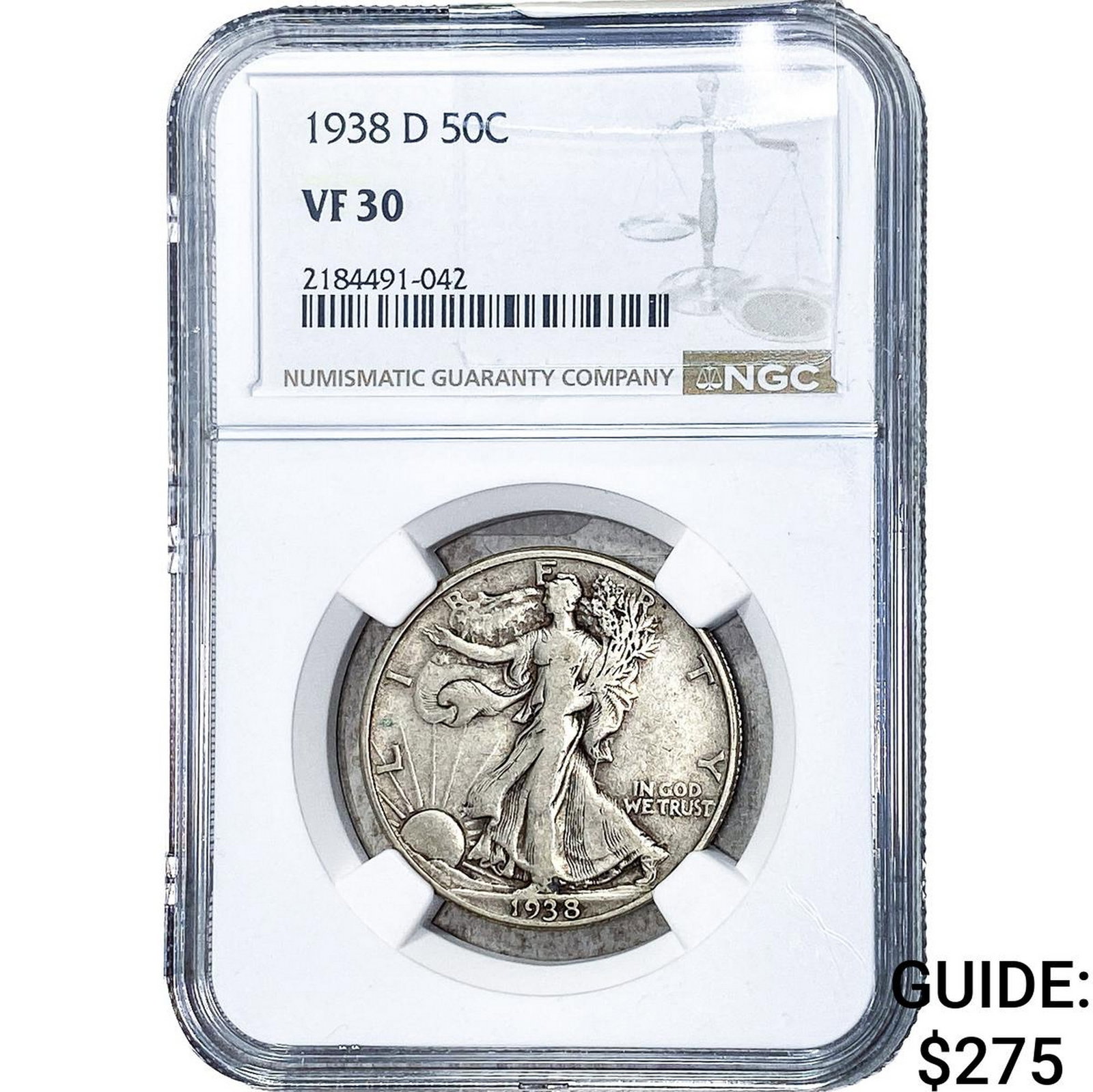 1938-D Walking Liberty Half Dollar NGC VF30: 1938-D Walking Liberty Half Dollar NGC VF30