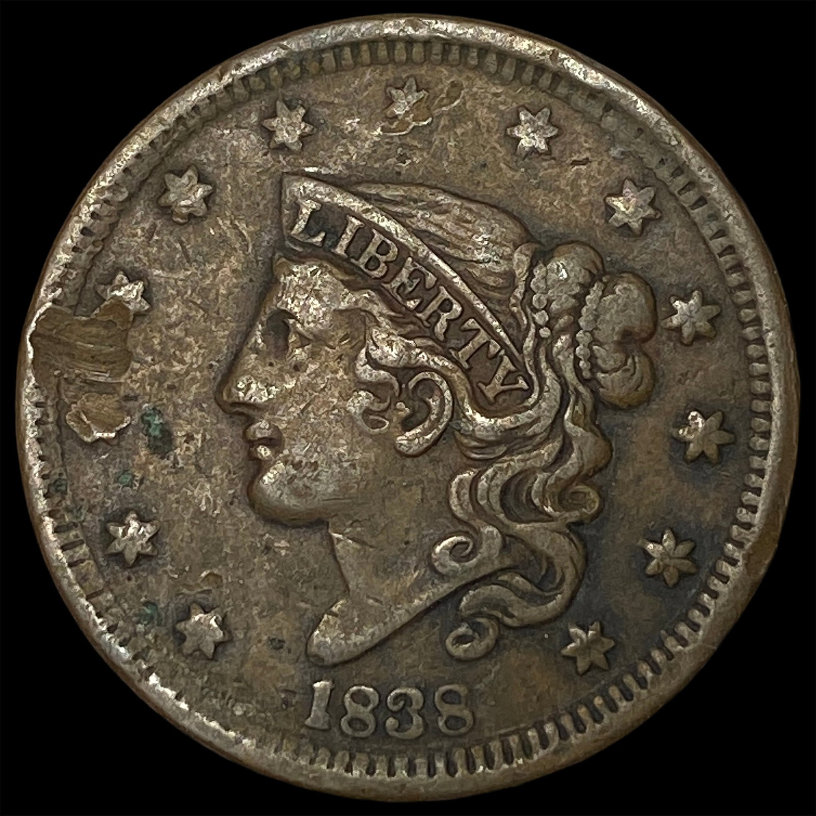 1838 Coronet Head Large Cent NEARLY UNCIRCULATED: 1838 Coronet Head Large Cent NEARLY UNCIRCULATED