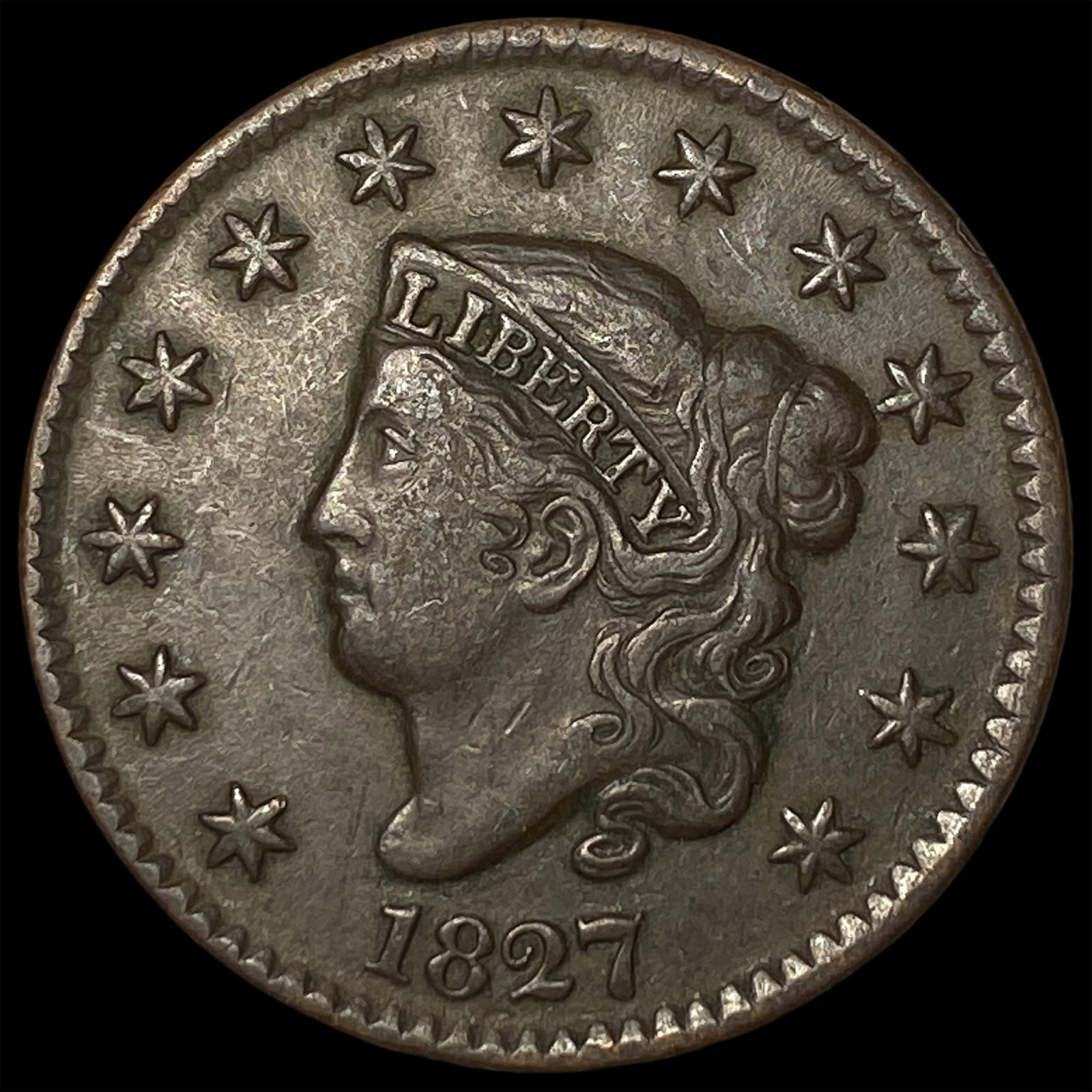 1827 Coronet Head Large Cent NEARLY UNCIRCULATED: 1827 Coronet Head Large Cent NEARLY UNCIRCULATED