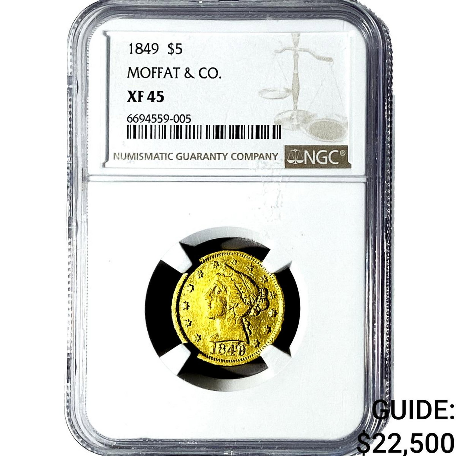 1849 Gold $5 Half Eagle Moffat & Co. NGC XF45: 1849 Gold $5 Half Eagle Moffat & Co. NGC XF45