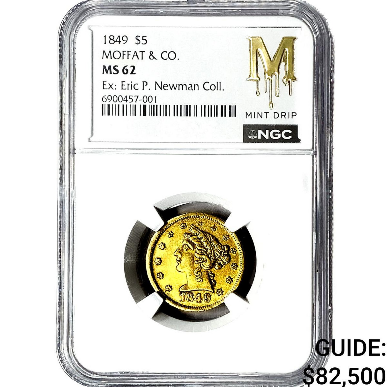 1849 Gold $5 Half Eagle Moffat & Co. NGC MS62: 1849 Gold $5 Half Eagle Moffat & Co. NGC MS62