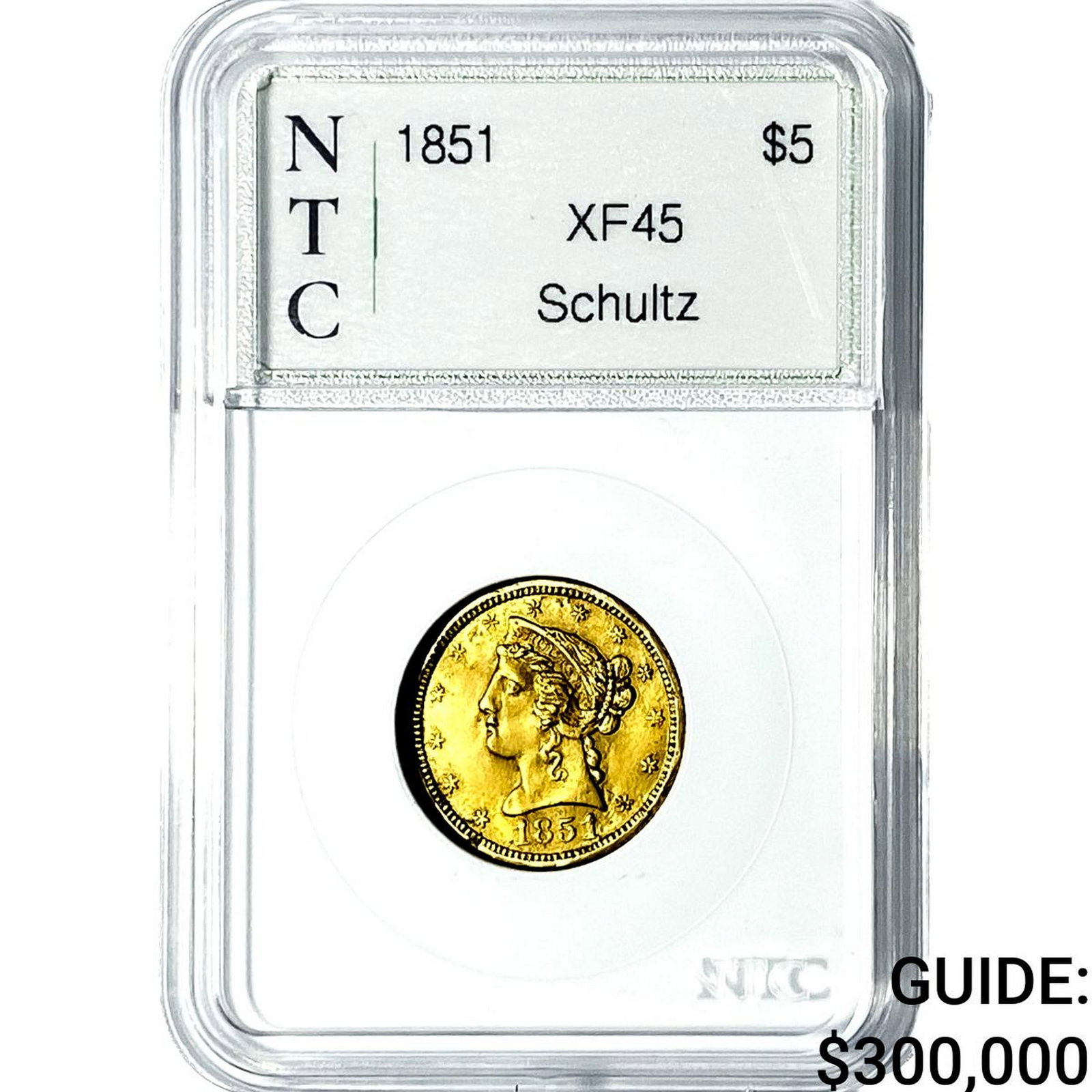 1851 Gold $5 Half Eagle Schultz NTC XF45: 1851 Gold $5 Half Eagle Schultz NTC XF45