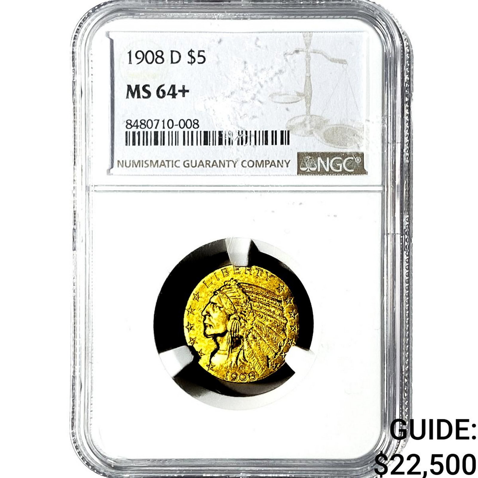 1908-D Gold $5 Half Eagle NGC MS64+: 1908-D Gold $5 Half Eagle NGC MS64+