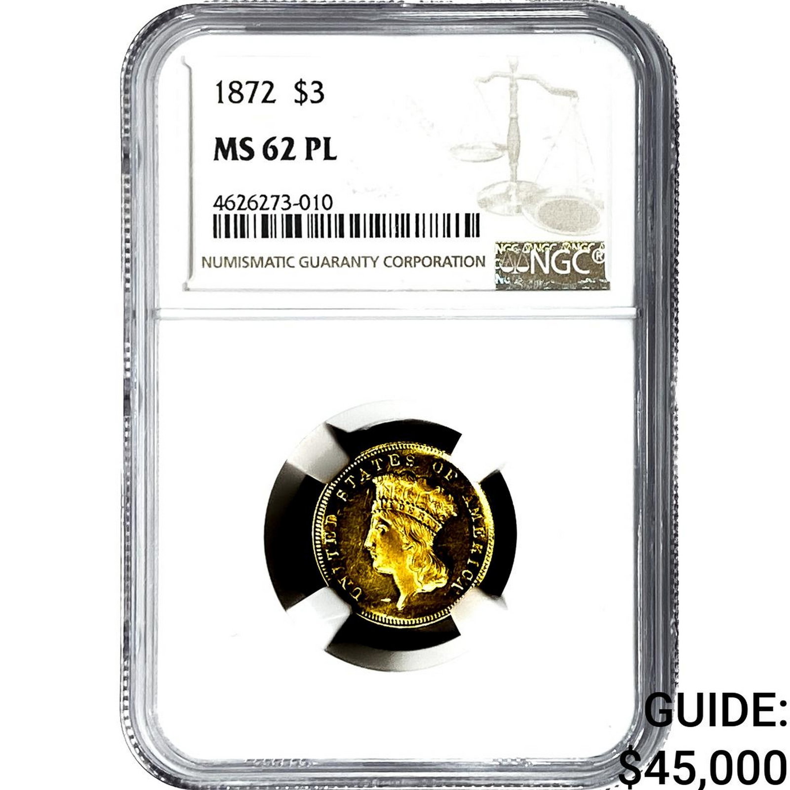1872 $3 Gold Piece NGC MS62 PL: 1872 $3 Gold Piece NGC MS62 PL