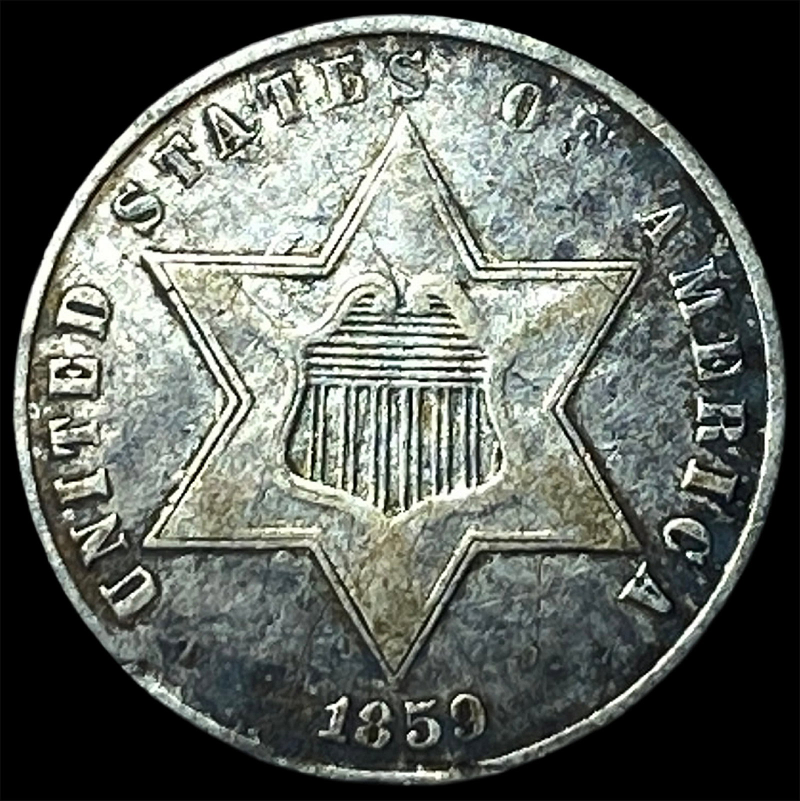 1859 Silver Three-Cent Piece NEARLY UNCIRCULATED: 1859 Silver Three-Cent Piece NEARLY UNCIRCULATED