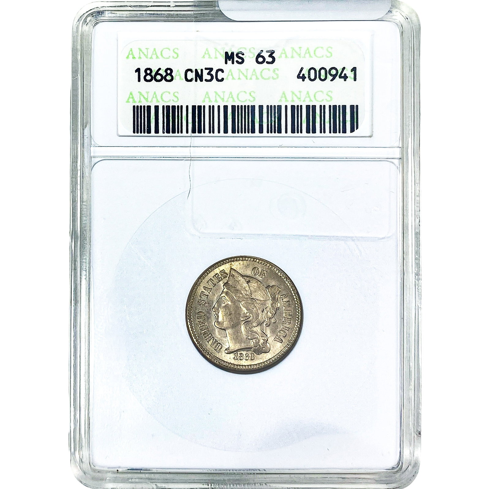 1868 Nickel Three Cent ANACS MS63: 1868 Nickel Three Cent ANACS MS63