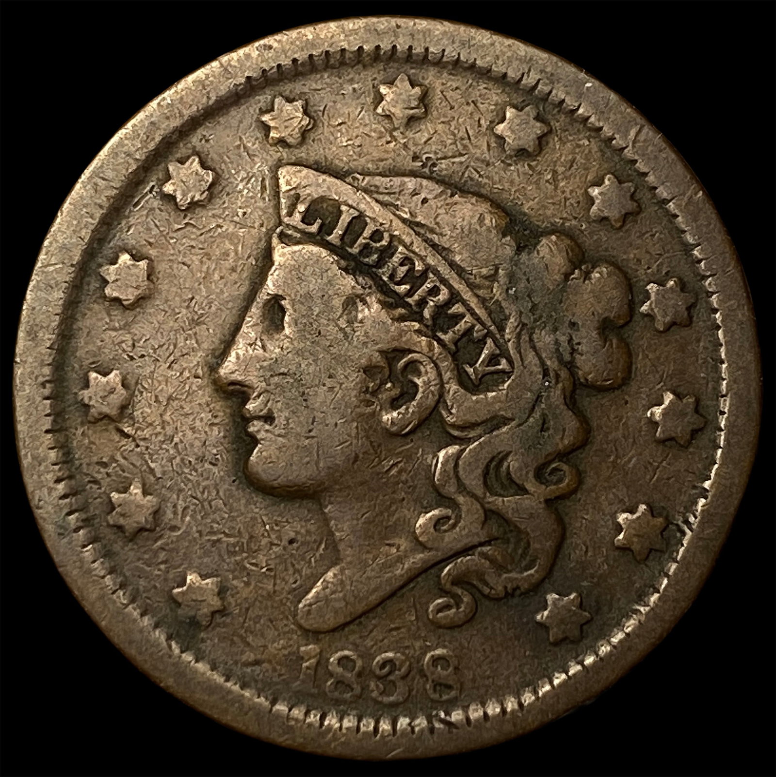 1838 Coronet Head Large Cent NICELY CIRCULATED: 1838 Coronet Head Large Cent NICELY CIRCULATED