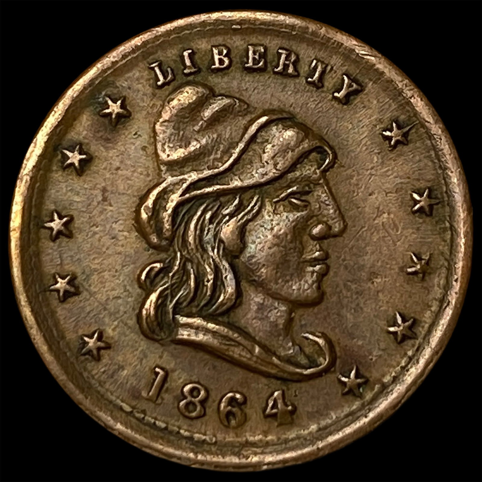 This is an 1864 Civil War token. CLOSELY UNCIRCULATED: This is an 1864 Civil War token. CLOSELY UNCIRCULATED