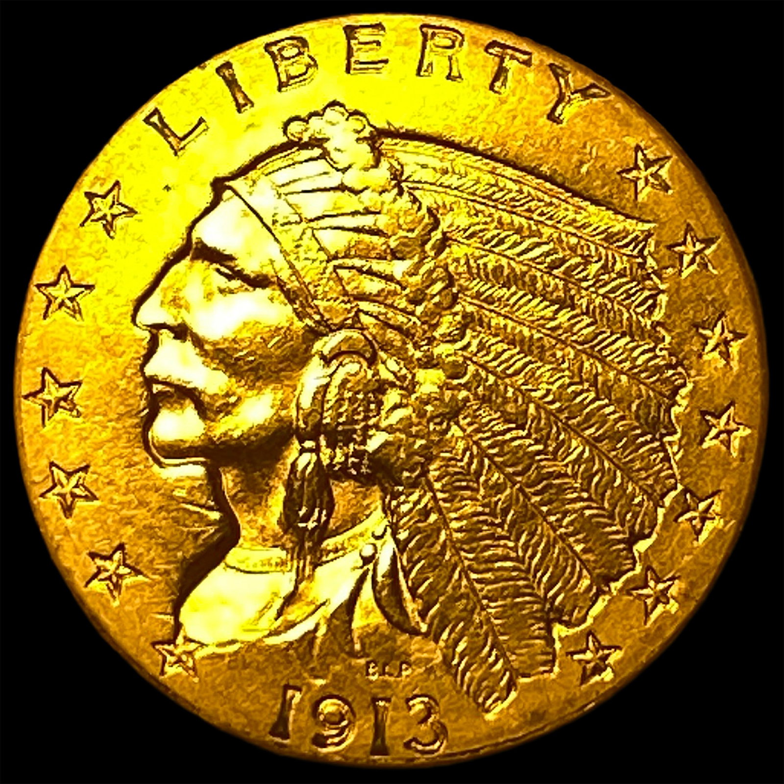 1913 Indian Head Gold $2.50 Quarter Eagle CLOSELY UNCIRCULATED: 1913 Indian Head Gold $2.50 Quarter Eagle CLOSELY UNCIRCULATED