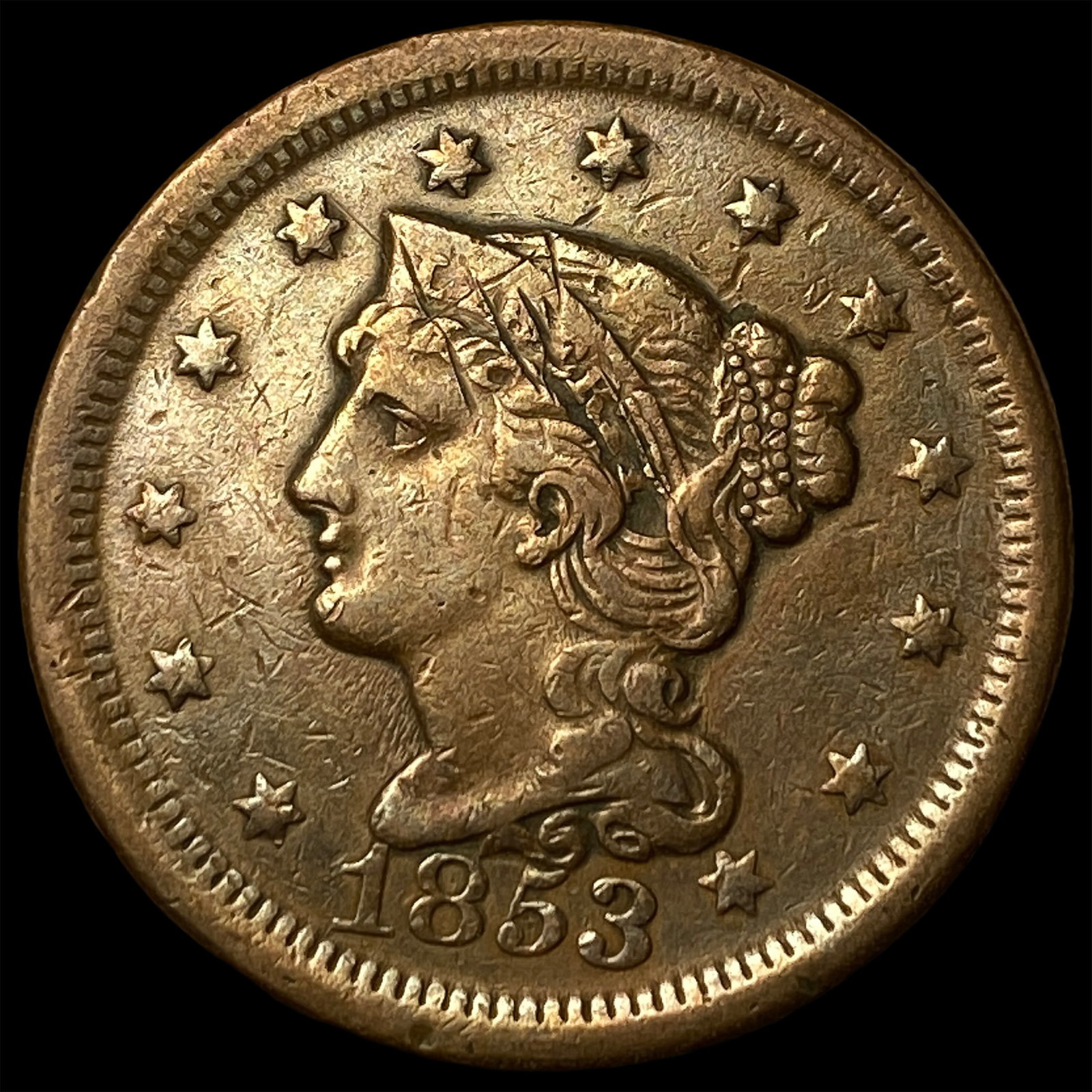 1853 Braided Hair Large Cent HIGH GRADE: 1853 Braided Hair Large Cent HIGH GRADE