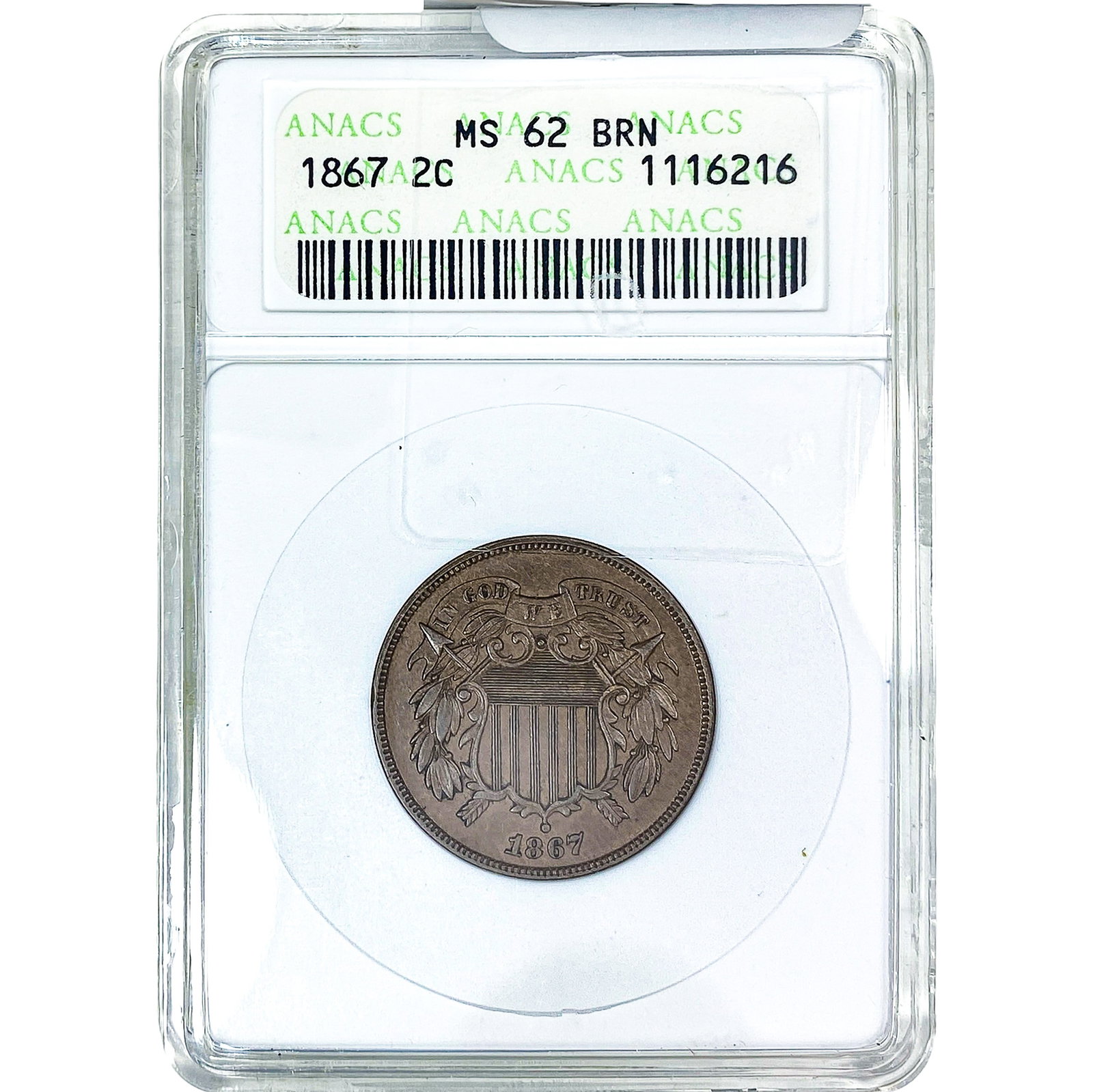 1867 Two Cent Piece ANACS MS62 BN: 1867 Two Cent Piece ANACS MS62 BN