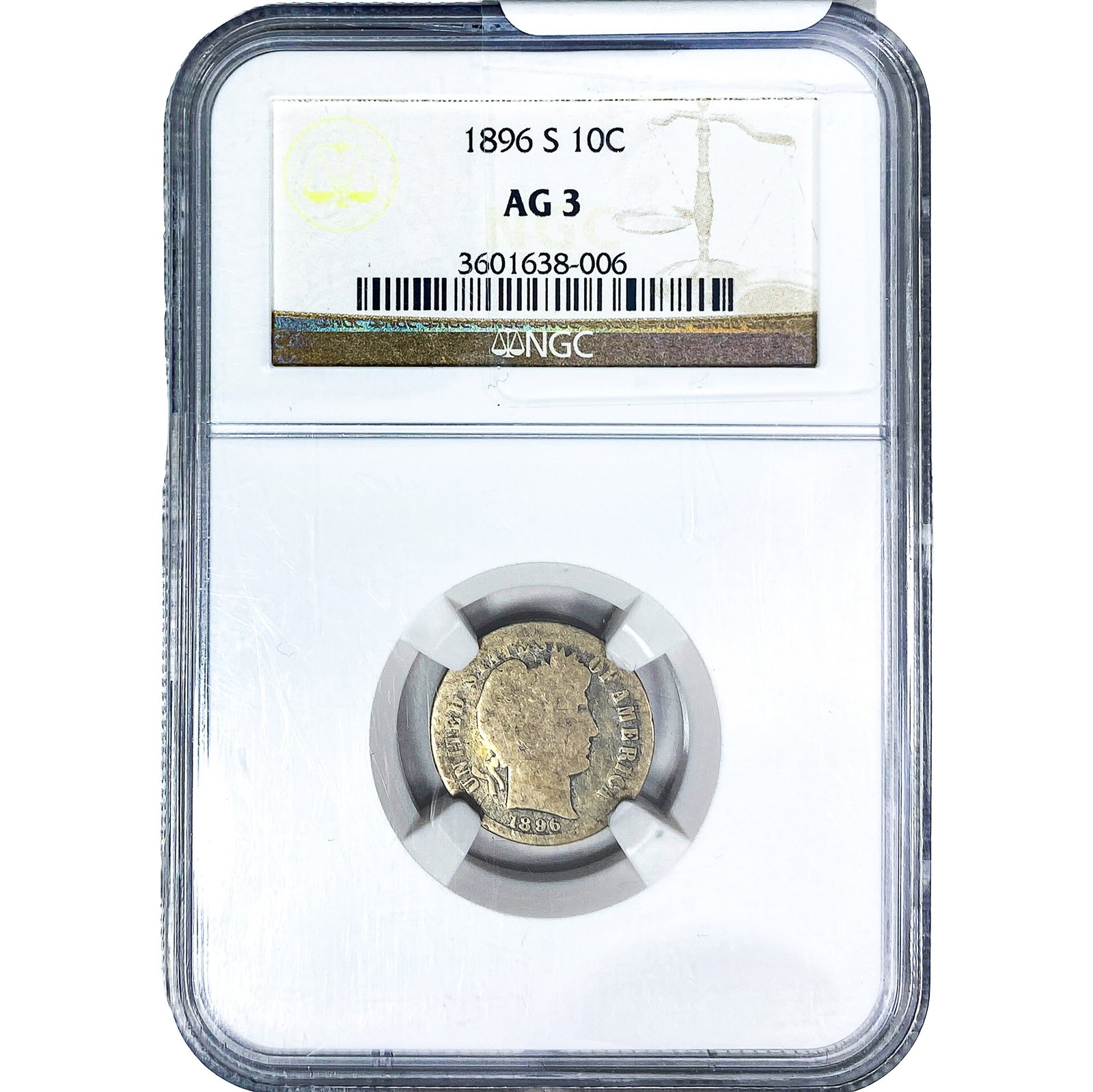 1896-S Barber Dime NGC AG3: 1896-S Barber Dime NGC AG3