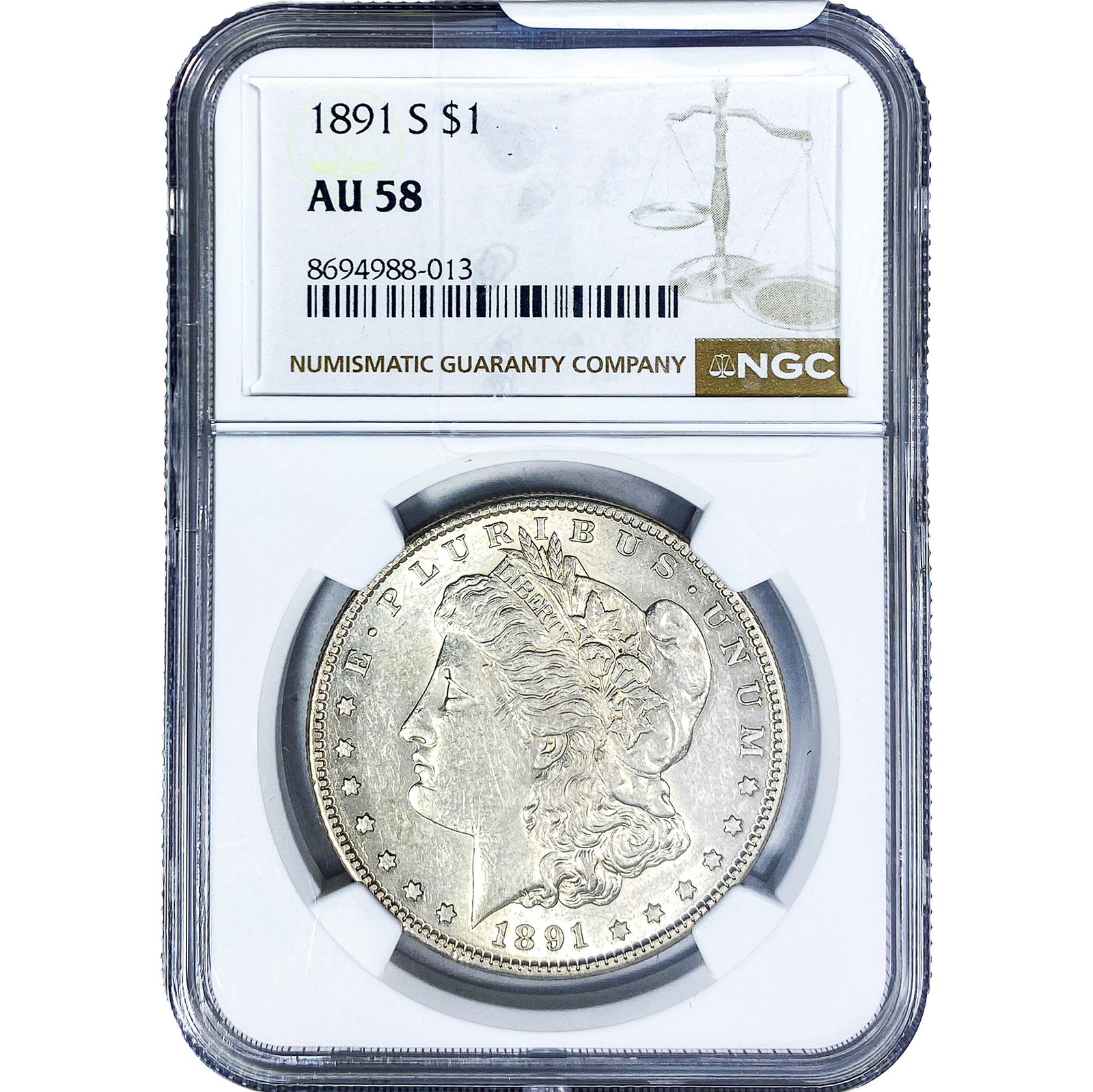 1891-S Morgan Silver Dollar NGC AU58: 1891-S Morgan Silver Dollar NGC AU58