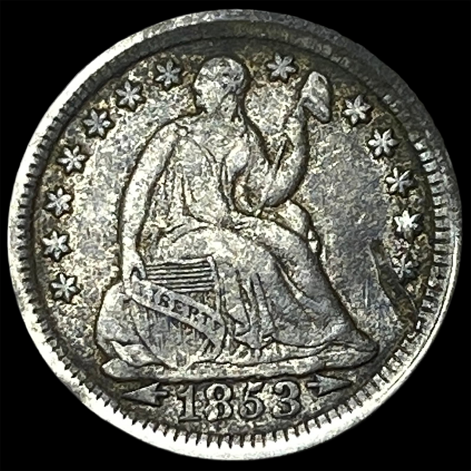 1853 Seated Liberty Half Dime (Arrows) NEARLY UNCIRCULATED: 1853 Seated Liberty Half Dime (Arrows) NEARLY UNCIRCULATED