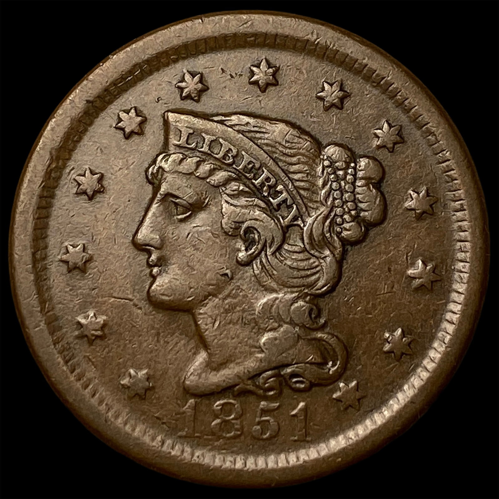 1851 Braided Hair Large Cent NEARLY UNCIRCULATED: 1851 Braided Hair Large Cent NEARLY UNCIRCULATED