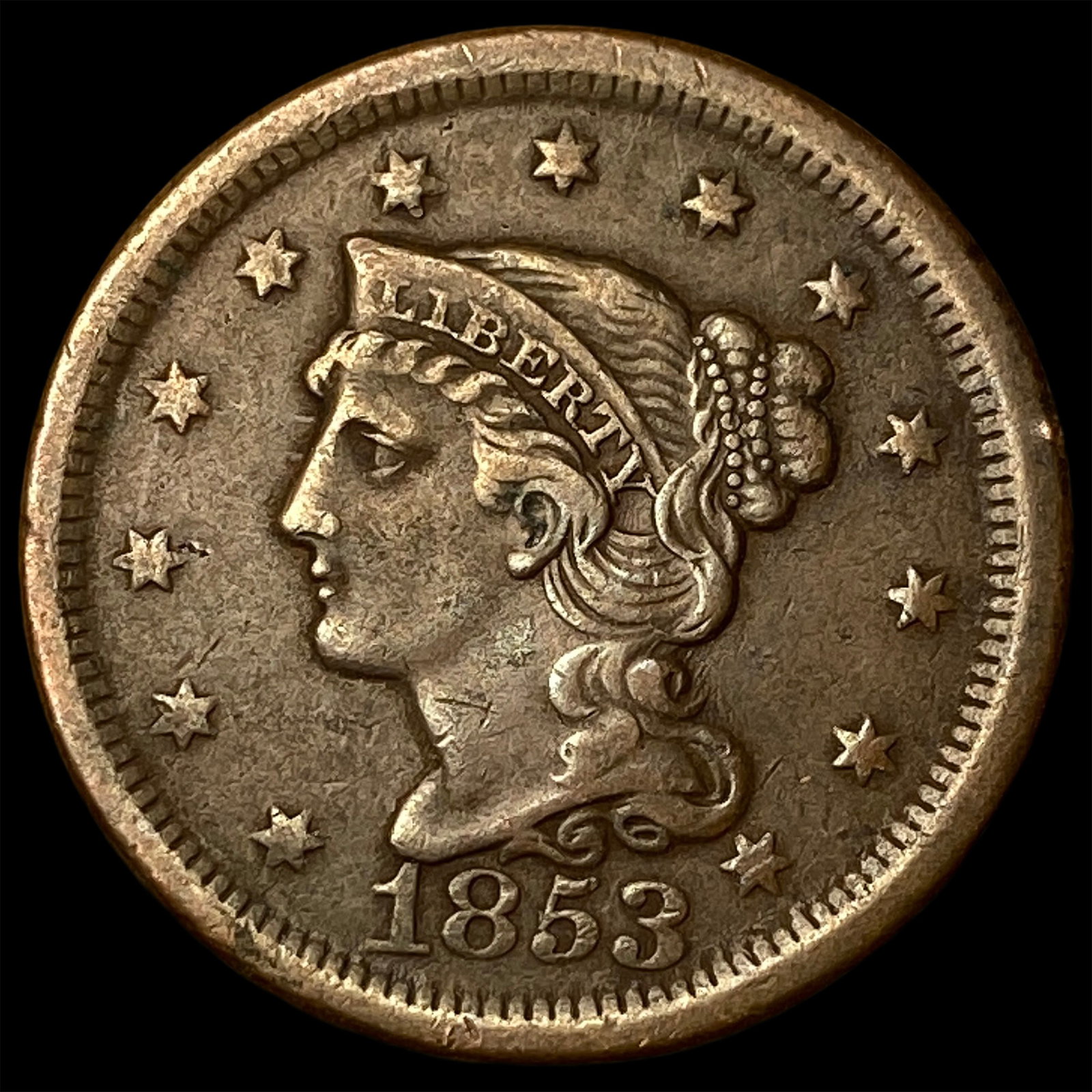 1853 Braided Hair Large Cent NEARLY UNCIRCULATED: 1853 Braided Hair Large Cent NEARLY UNCIRCULATED