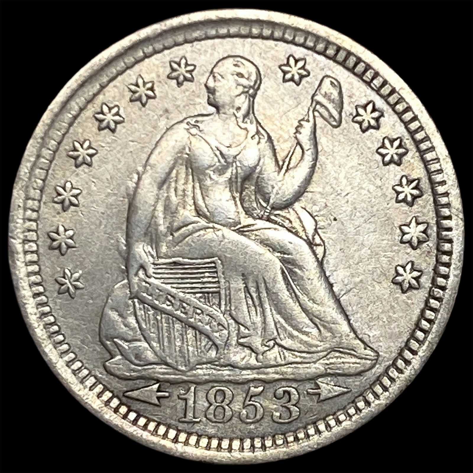 1853 Arrows Seated Liberty Half Dime CLOSELY UNCIRCULATED: 1853 Arrows Seated Liberty Half Dime CLOSELY UNCIRCULATED