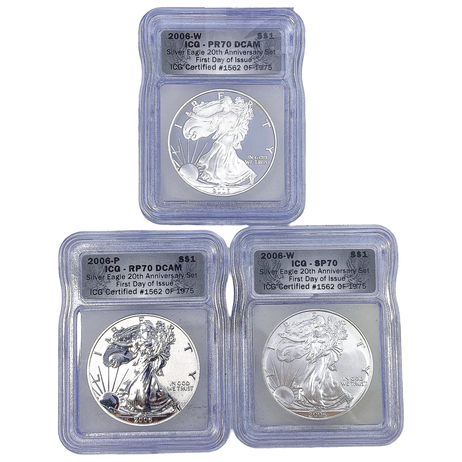 [3 Coins] 2006-W,P Silver Eagle ICG PR,RP,SP70 DCAM: [3 Coins] 2006-W,P Silver Eagle ICG PR,RP,SP70 DCAM