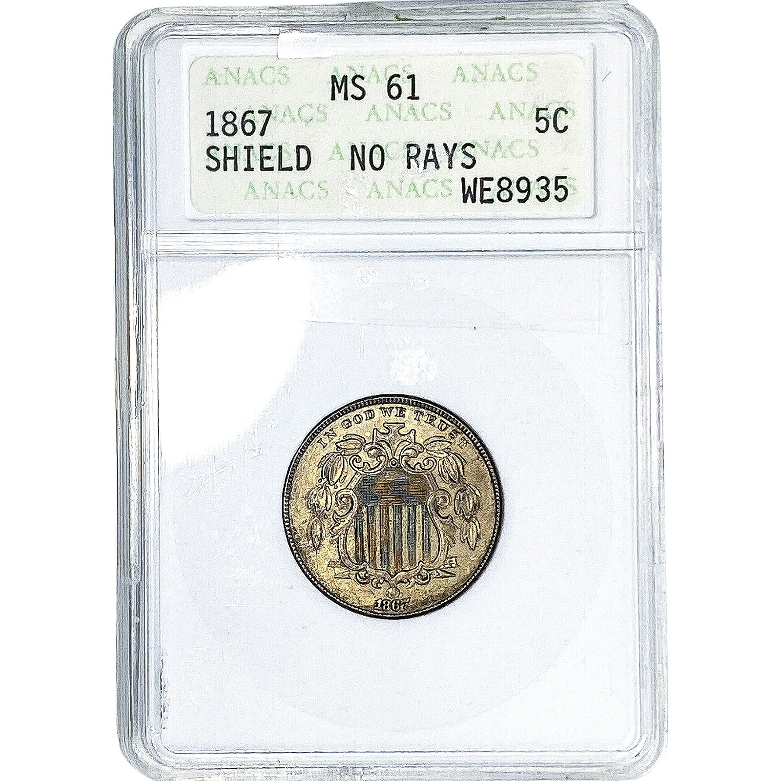 1867 Shield Nickel ANACS MS61 No Rays: 1867 Shield Nickel ANACS MS61 No Rays