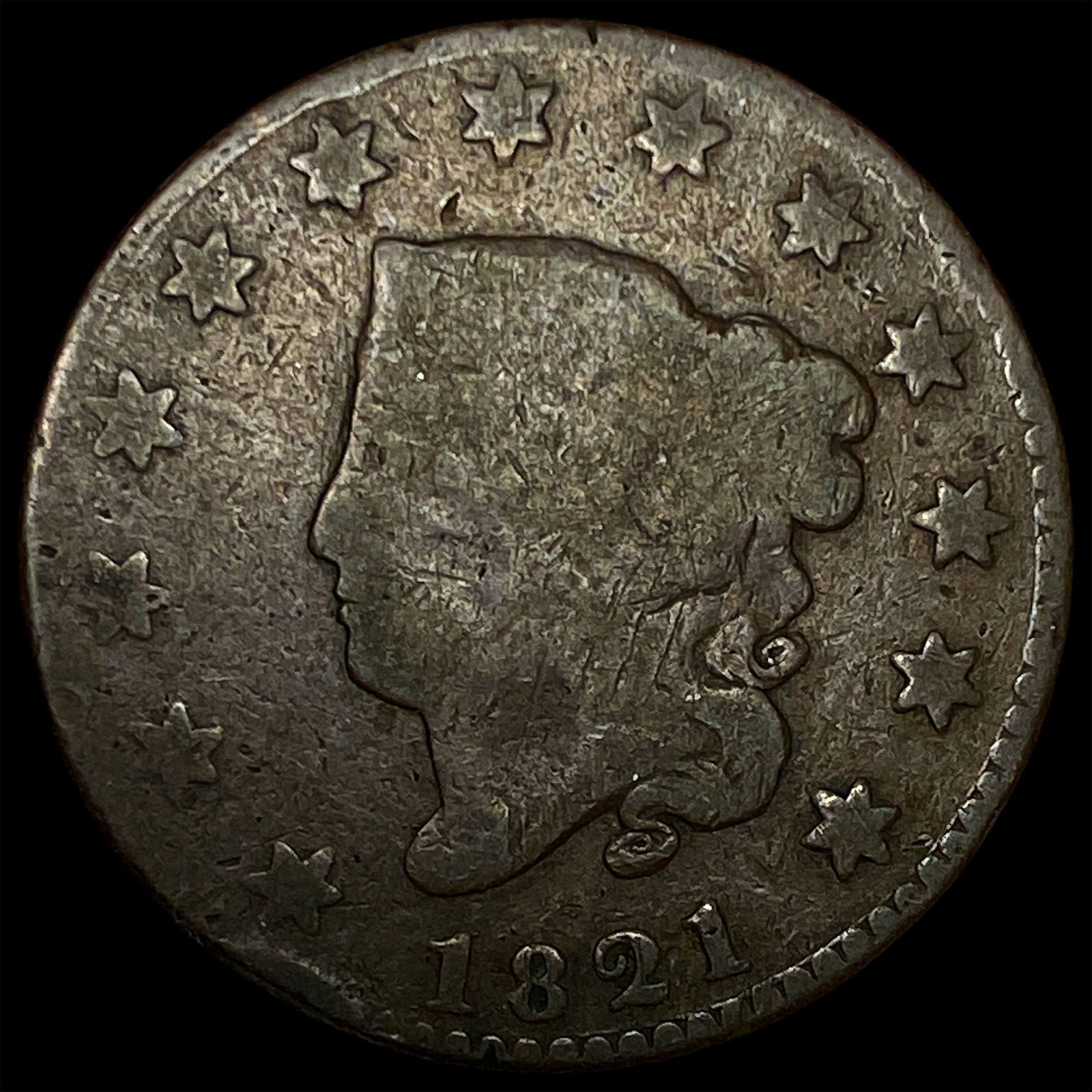 1821 Coronet Head Large Cent NICELY CIRCULATED: 1821 Coronet Head Large Cent NICELY CIRCULATED