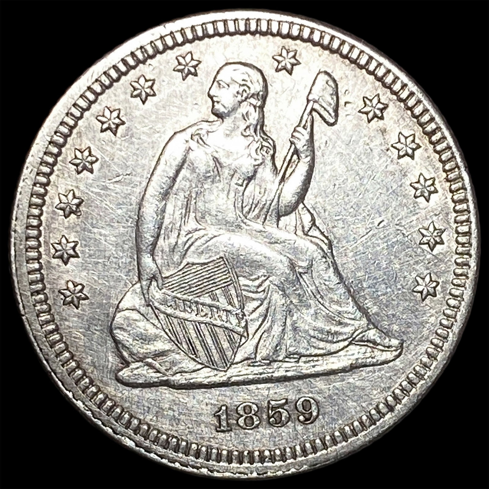 1859 Silver Seated Liberty Quarter CLOSELY UNCIRCULATED: 1859 Silver Seated Liberty Quarter CLOSELY UNCIRCULATED