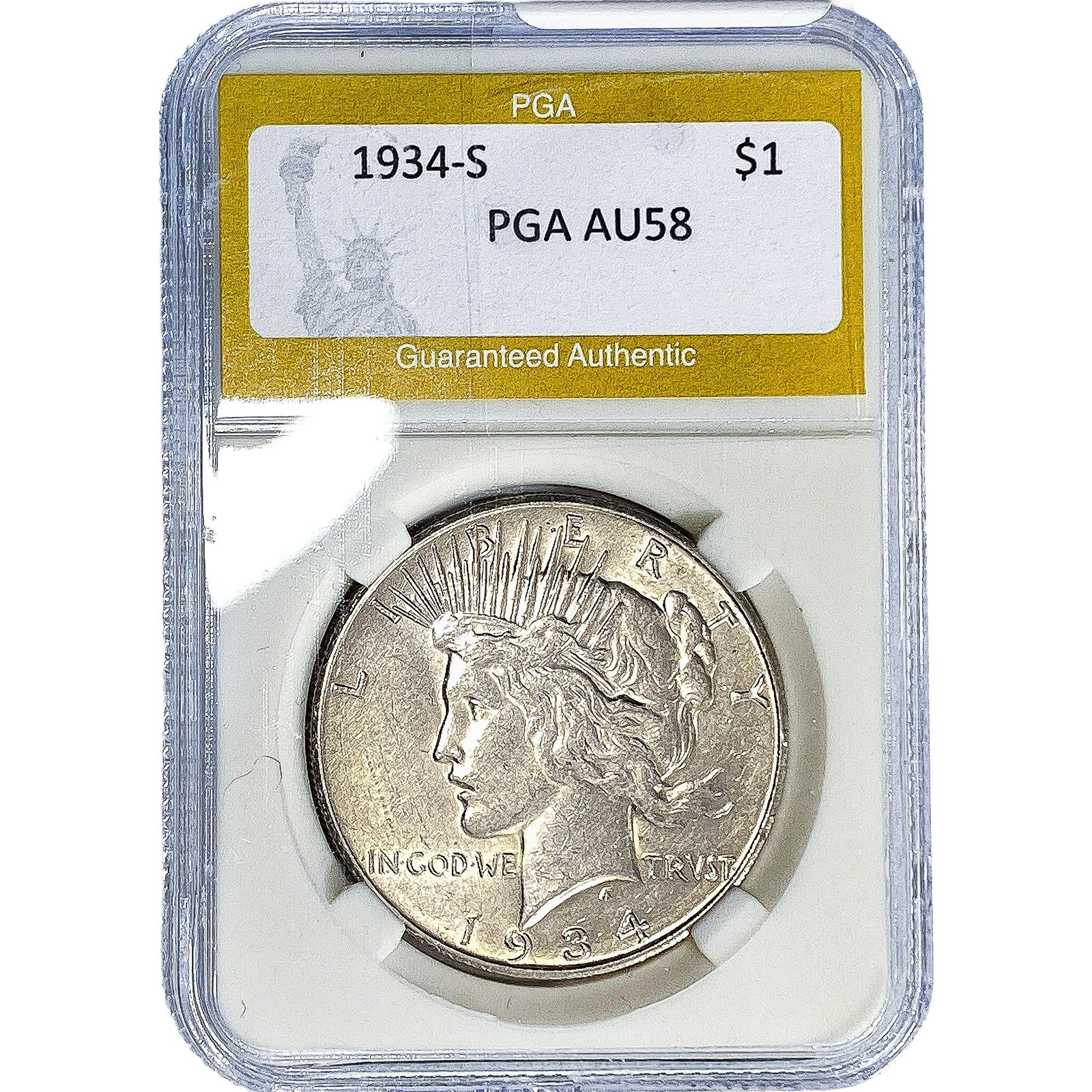 1934-S Silver Peace Dollar PGA AU58: 1934-S Silver Peace Dollar PGA AU58