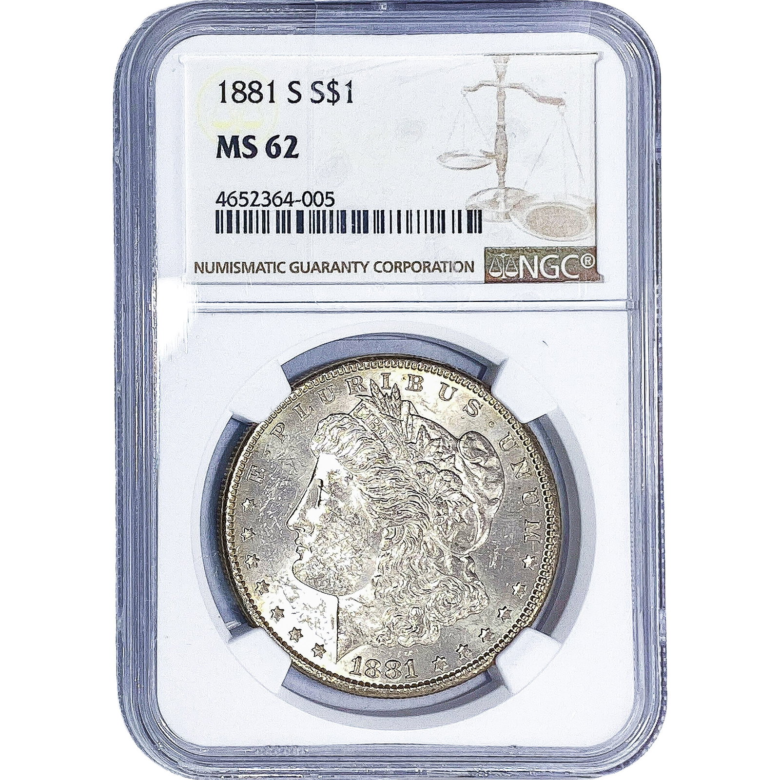 1881-S Morgan Silver Dollar NGC MS62: 1881-S Morgan Silver Dollar NGC MS62