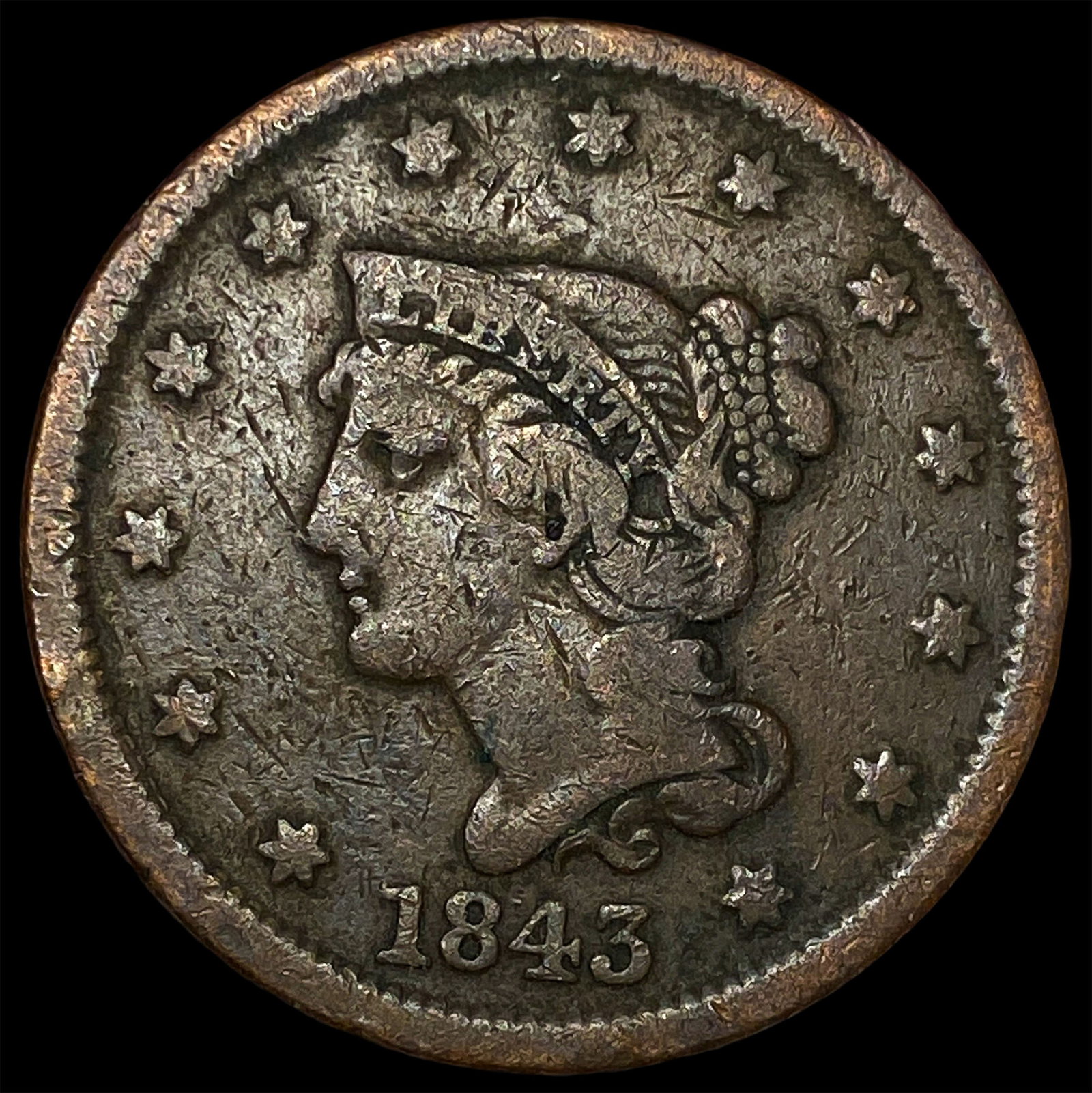 1843 Braided Hair Large Cent LIGHTLY CIRCULATED: 1843 Braided Hair Large Cent LIGHTLY CIRCULATED