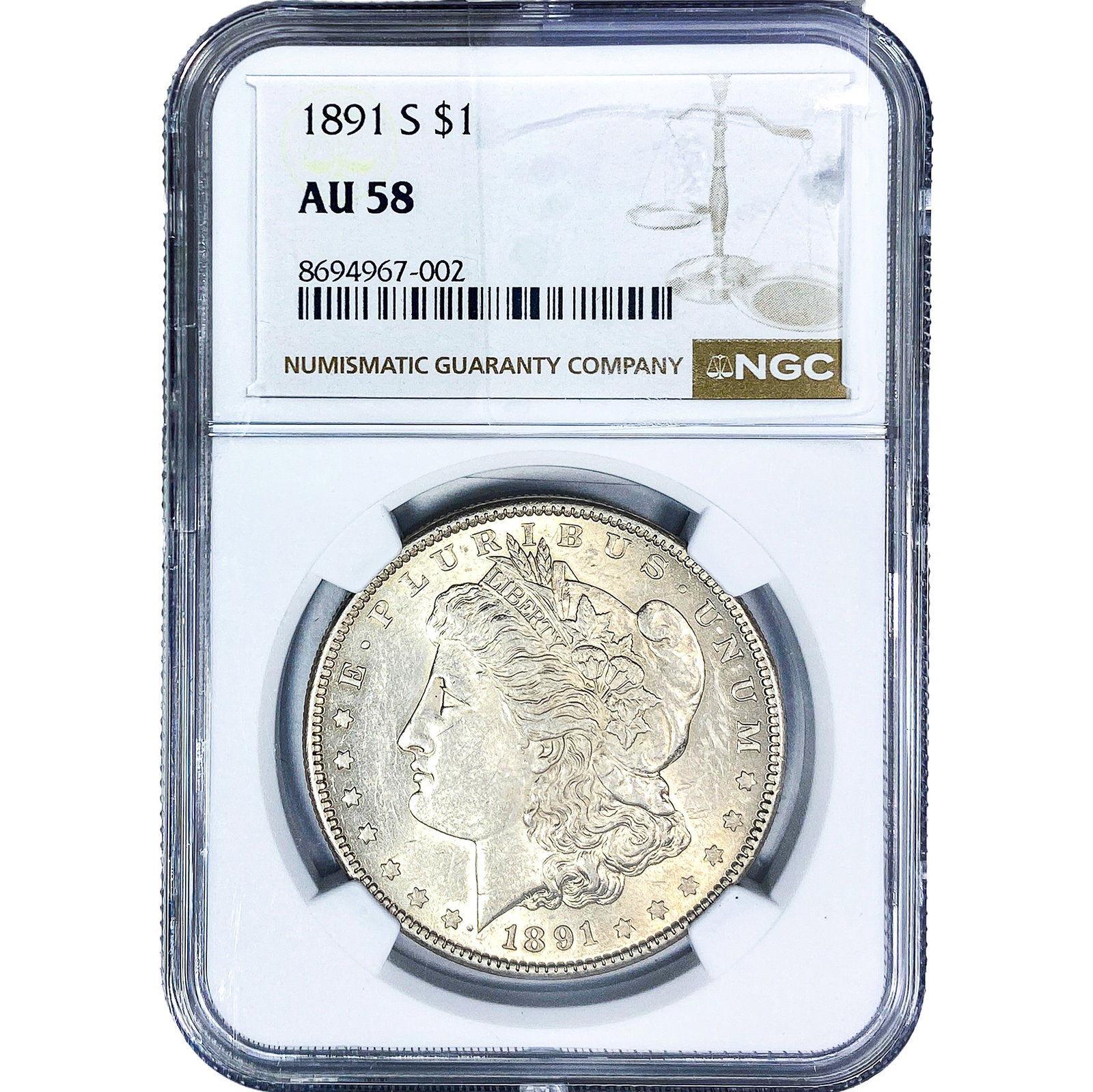 1891-S Morgan Silver Dollar NGC AU58: 1891-S Morgan Silver Dollar NGC AU58