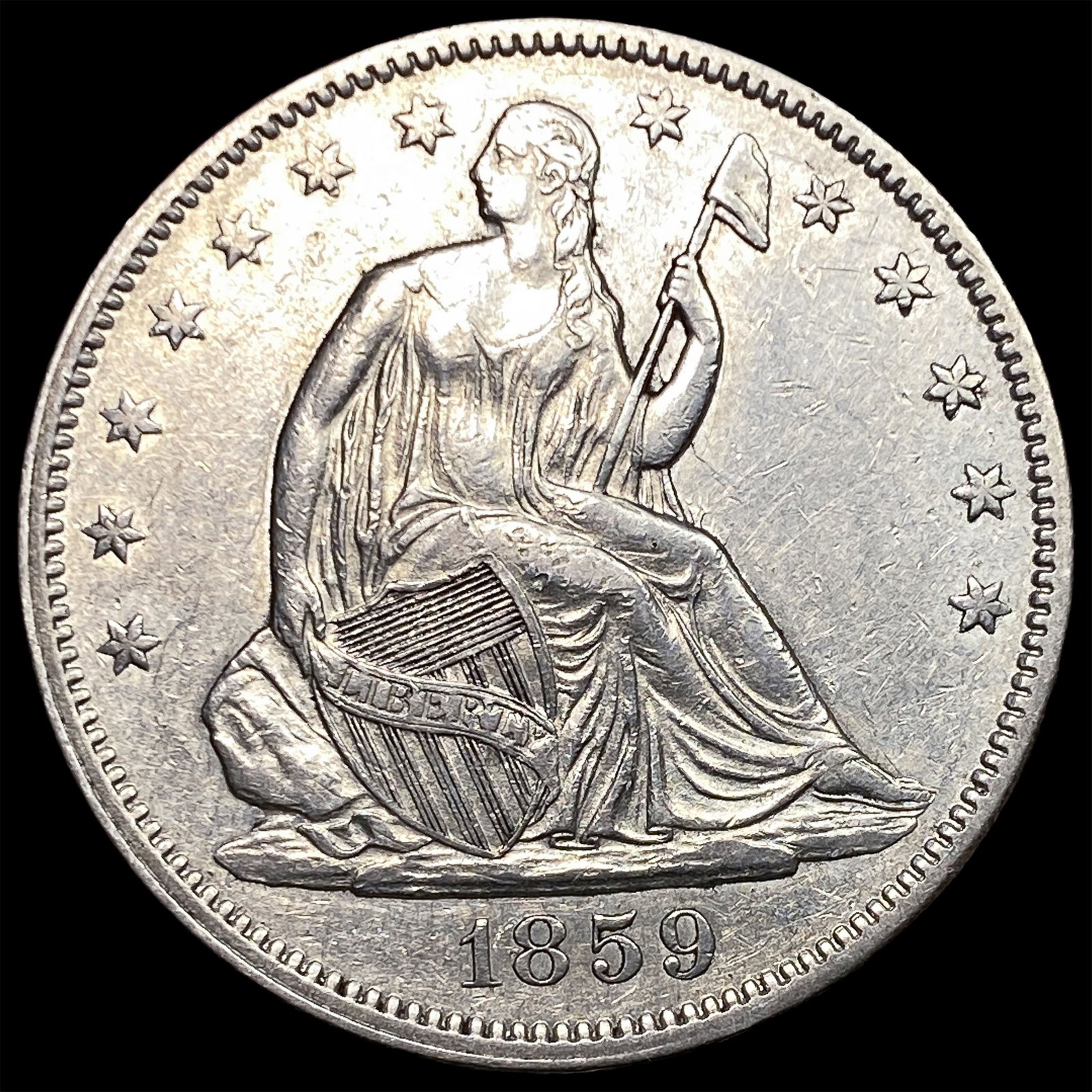 1859 Silver Half Dollar (Seated Liberty) CLOSELY UNCIRCULATED: 1859 Silver Half Dollar (Seated Liberty) CLOSELY UNCIRCULATED