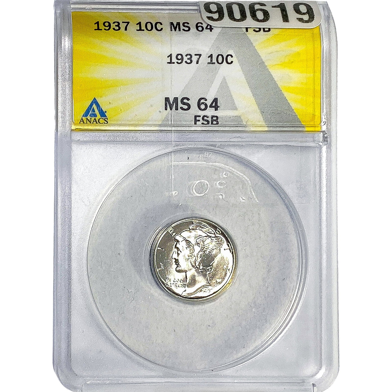 1937 Mercury Silver Dime ANACS MS64 FSB: 1937 Mercury Silver Dime ANACS MS64 FSB