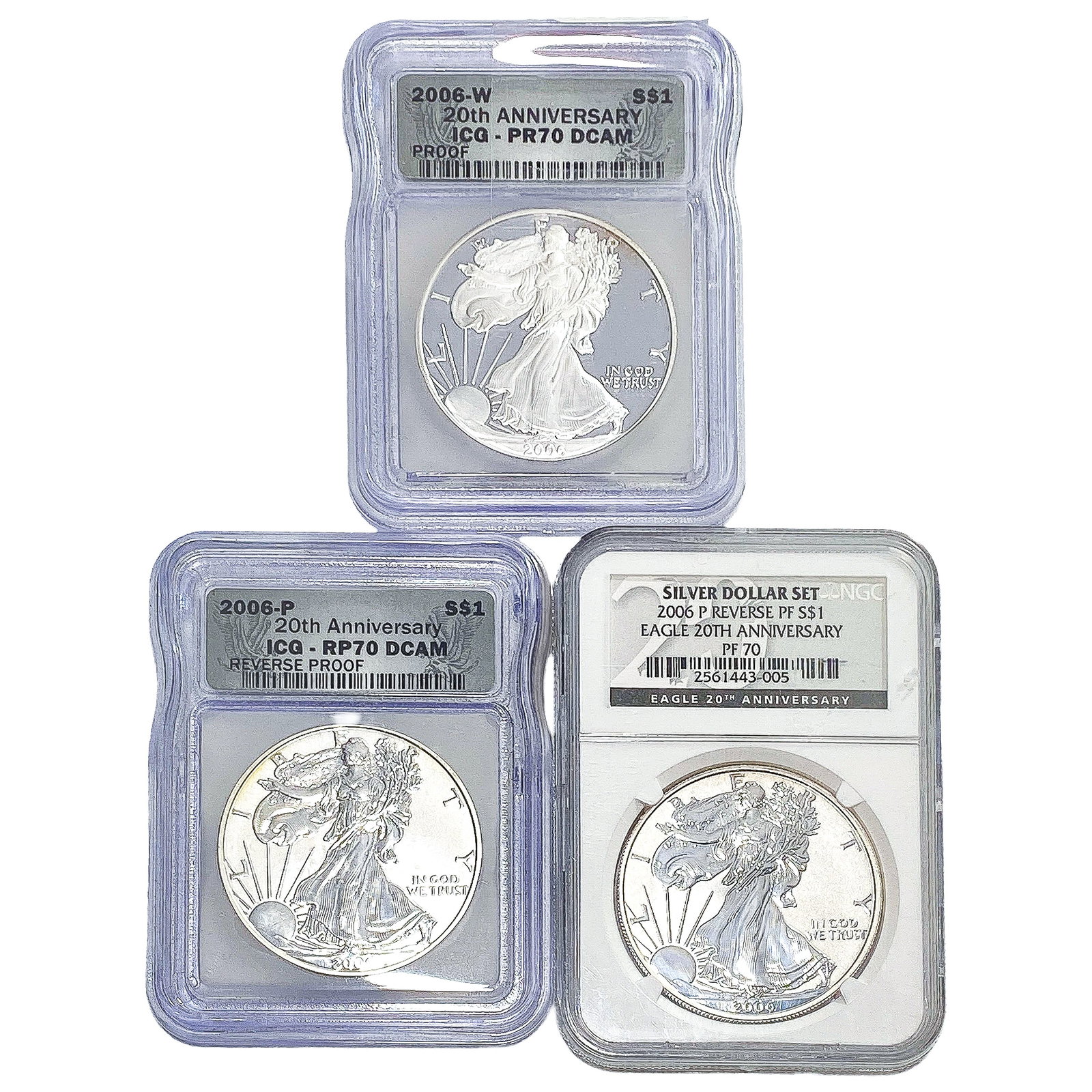 [3 Coins] 2006-W,P Silver Eagle ICG,NGC PR,RP,PF70 DCAM (1 of 2)