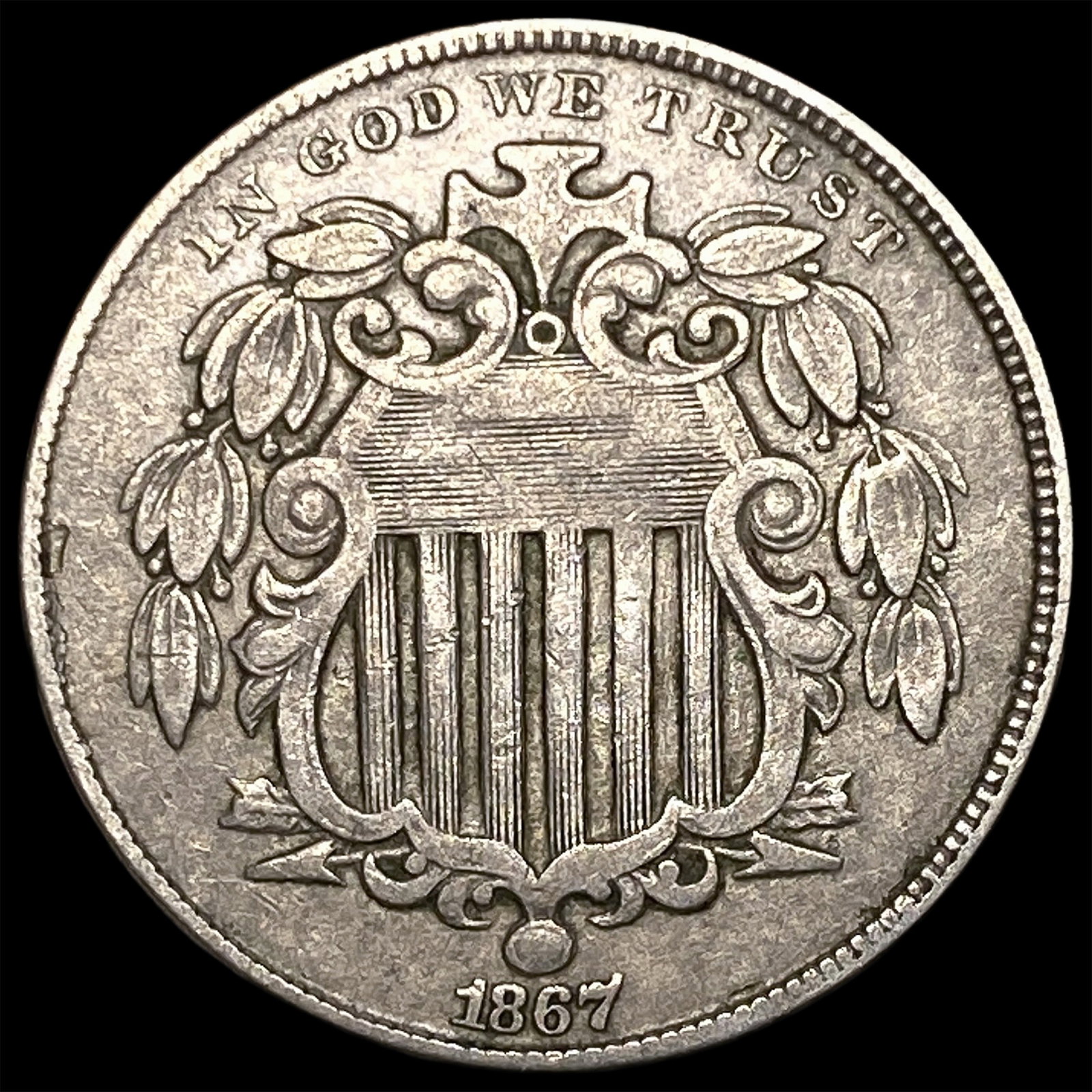 1867 RAYS Shield Nickel NEARLY UNCIRCULATED: 1867 RAYS Shield Nickel NEARLY UNCIRCULATED