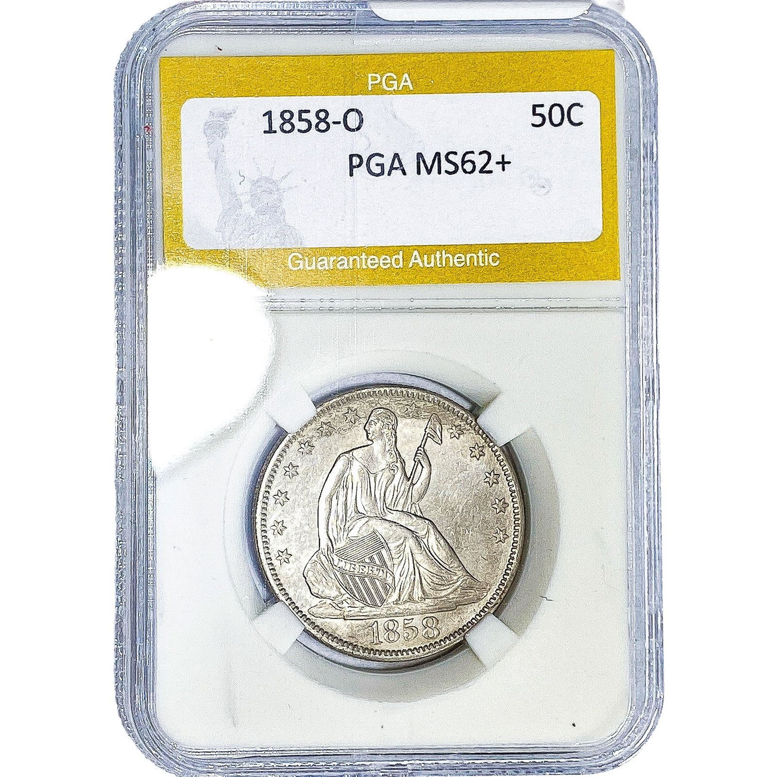 1858-O Seated Liberty Half Dollar PGA MS62+: 1858-O Seated Liberty Half Dollar PGA MS62+