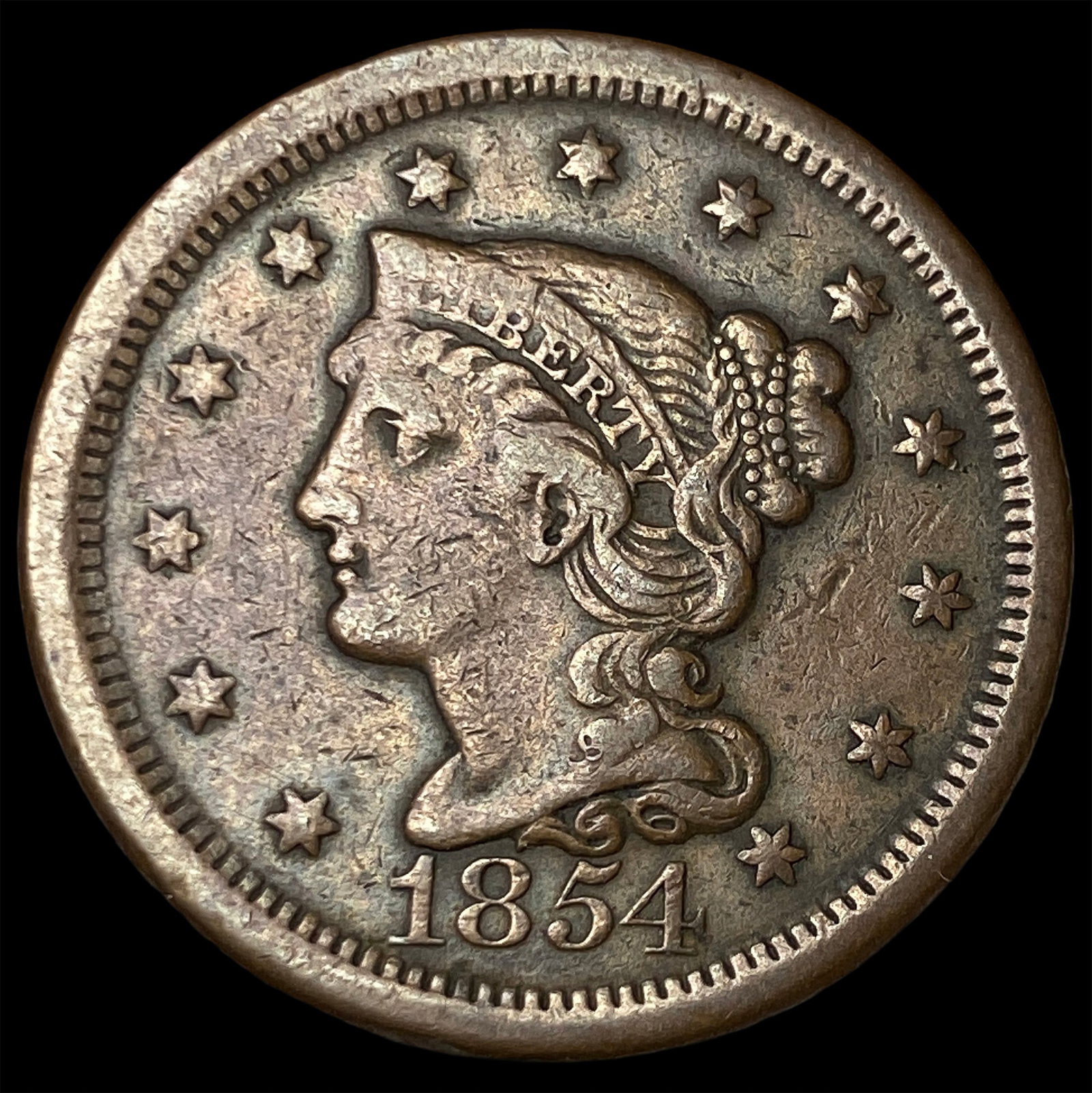 1854 Braided Hair Large Cent LIGHTLY CIRCULATED: 1854 Braided Hair Large Cent LIGHTLY CIRCULATED
