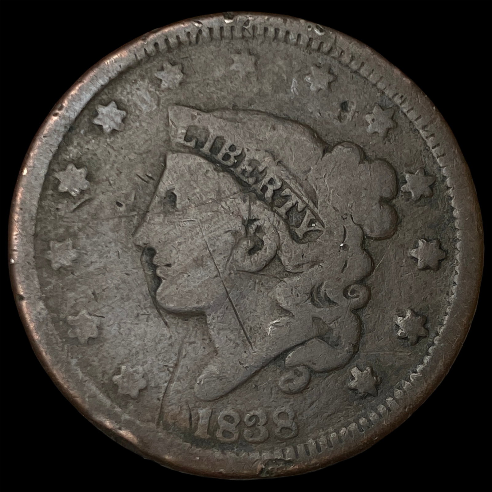 1838 Coronet Head Large Cent NICELY CIRCULATED: 1838 Coronet Head Large Cent NICELY CIRCULATED